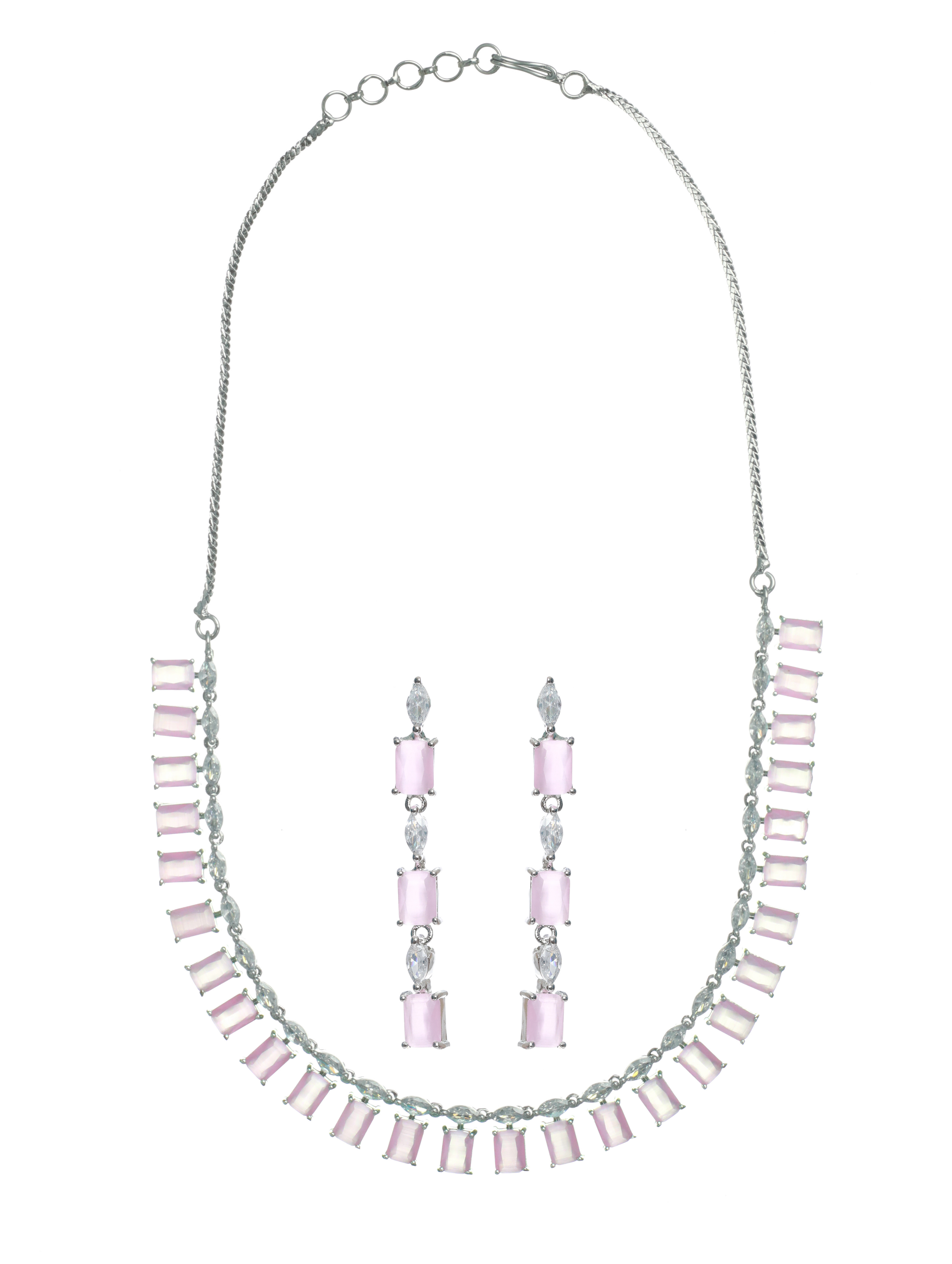 Silver-Toned & Pink AD-Studded Handcrafted Jewellery Set - Jazzandsizzle