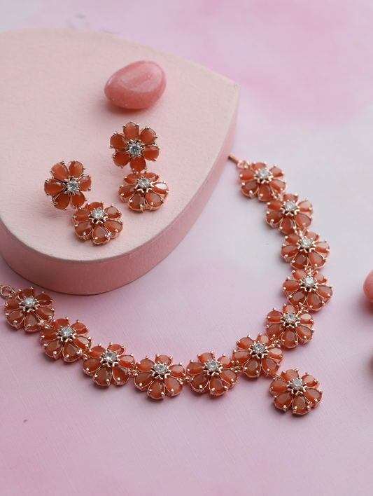 Rose Gold-Plated Peach American Diamond & CZ Stone-Studded Jewellery Set - Jazzandsizzle