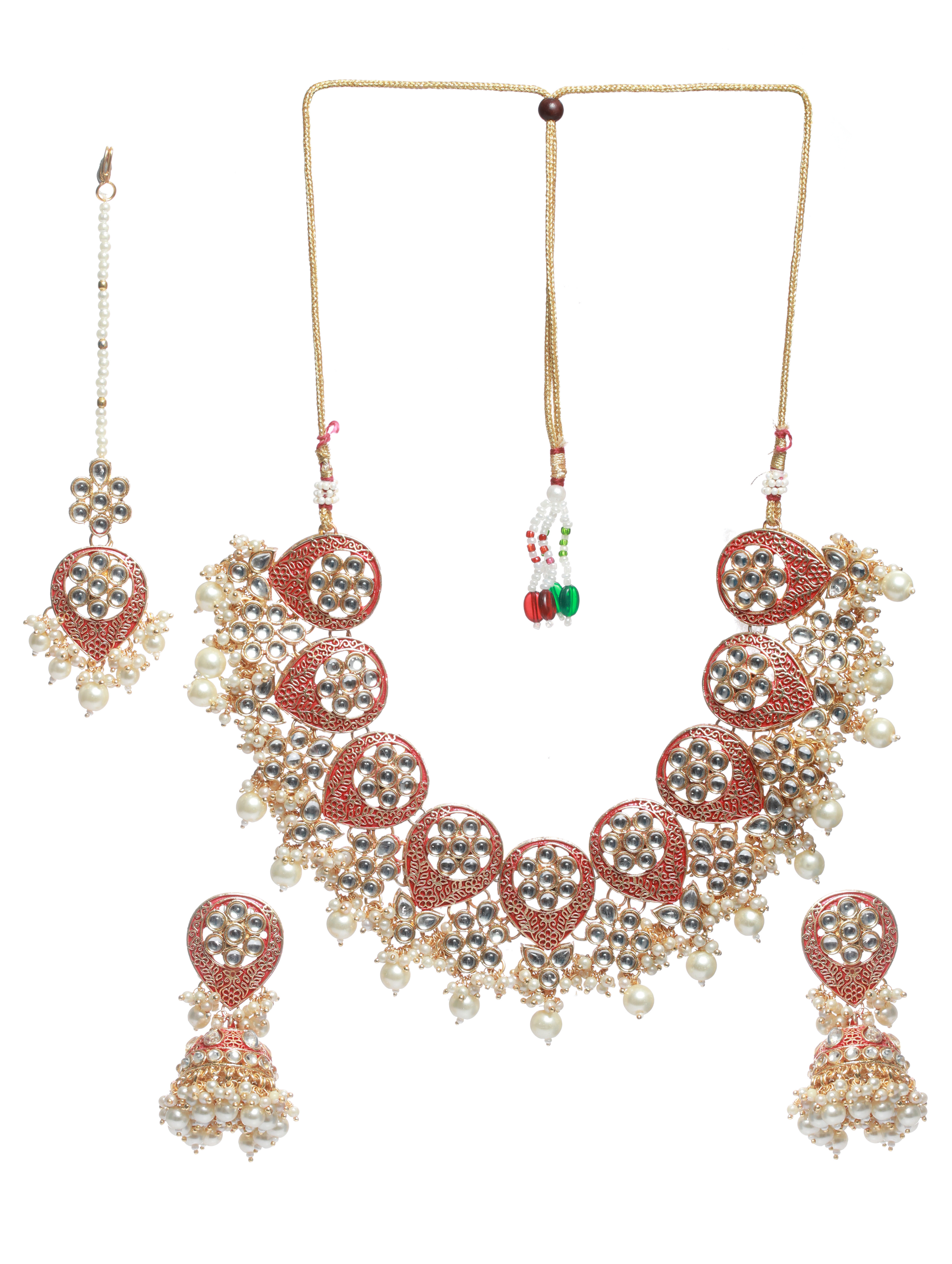Gold-Plated Marron & White Stone-Studded & Pearl Beaded Meenakari Jewellery Set - Jazzandsizzle