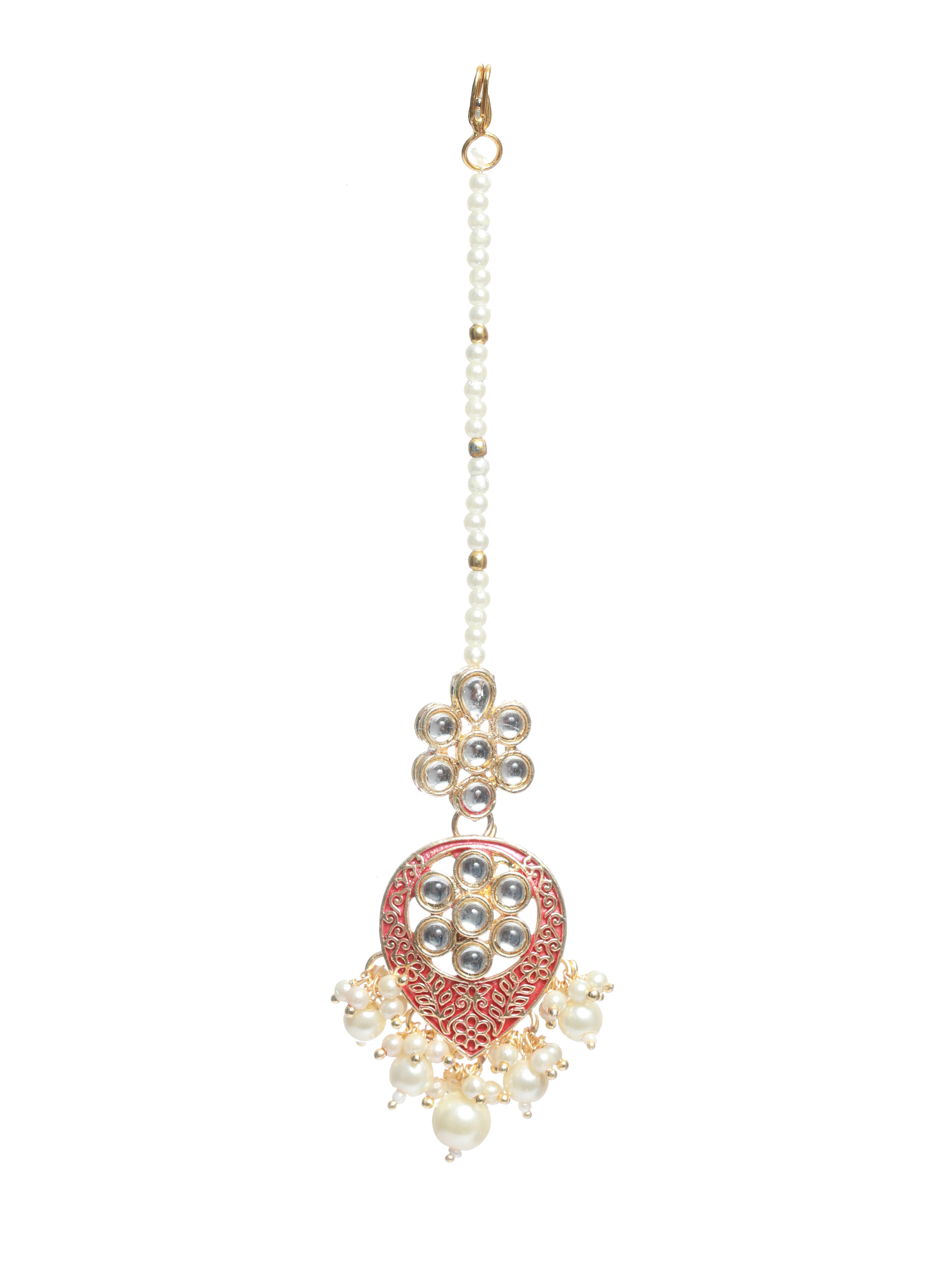 Gold-Plated Marron & White Stone-Studded & Pearl Beaded Meenakari Jewellery Set - Jazzandsizzle