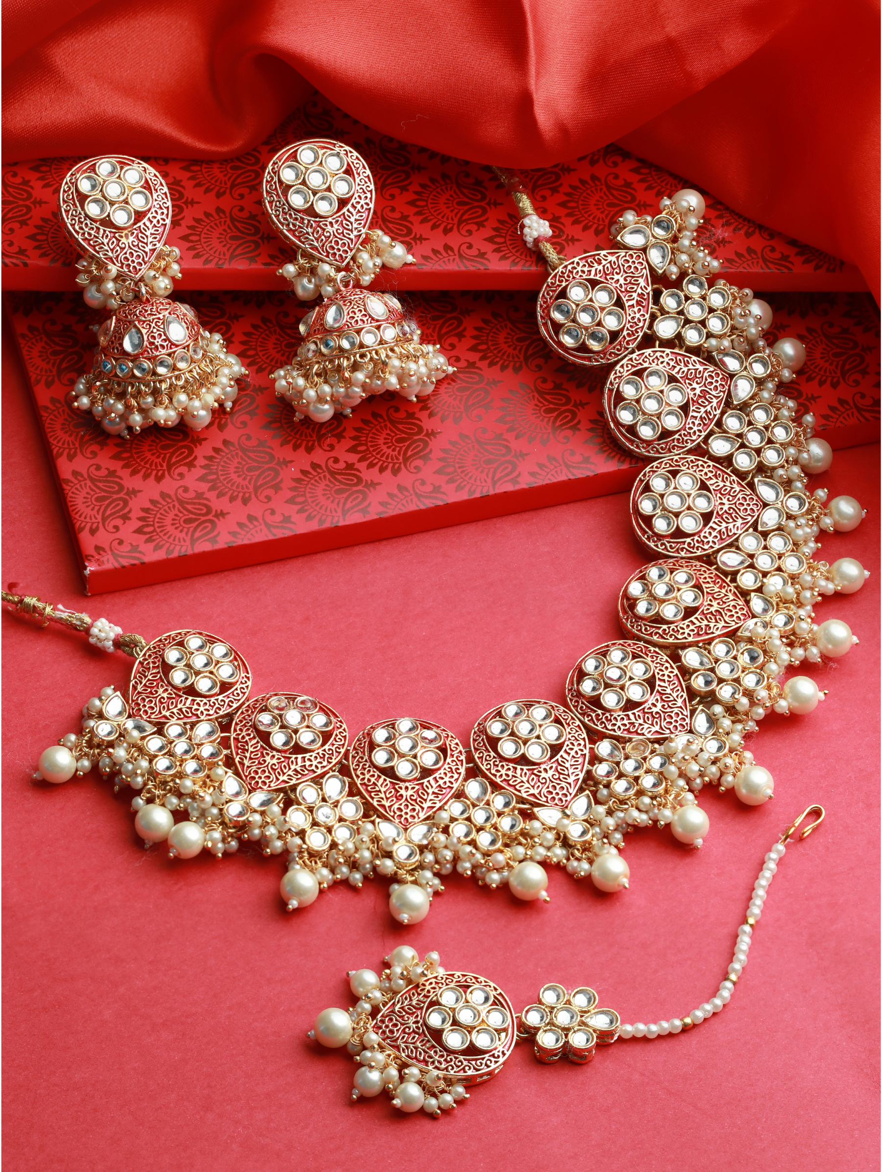 Gold-Plated Marron & White Stone-Studded & Pearl Beaded Meenakari Jewellery Set - Jazzandsizzle