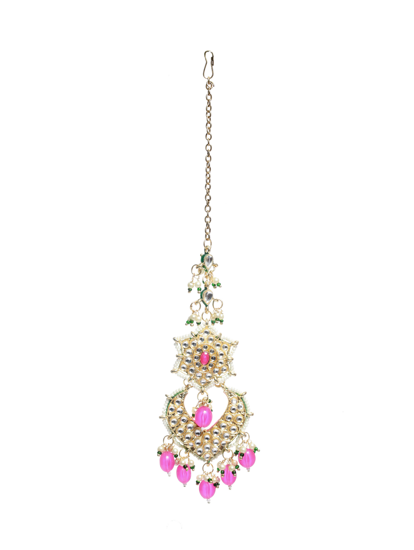 Pink Gold-Plated Kundan-Studded Enamelled Beaded Jewellery Set - Jazzandsizzle