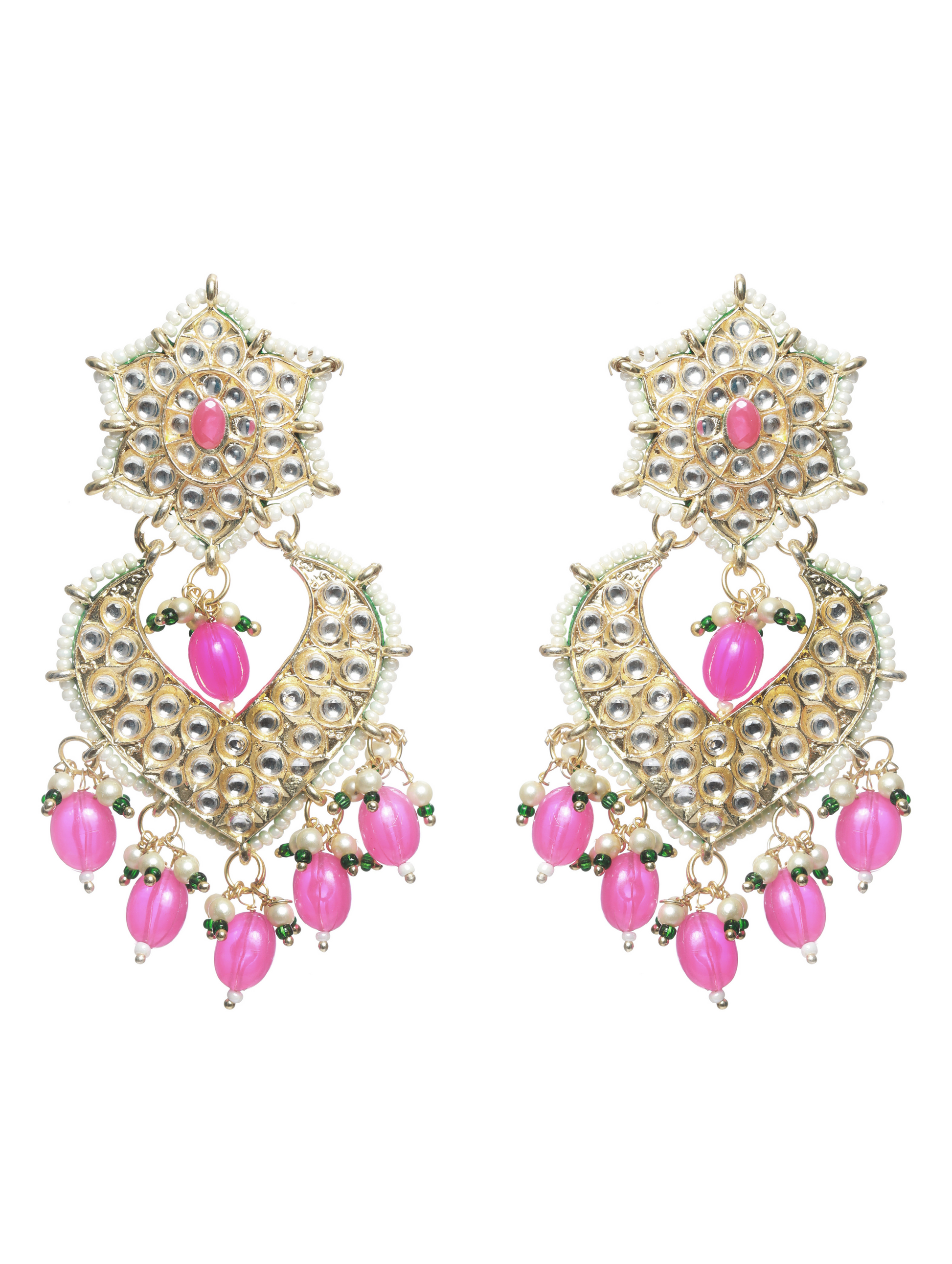 Pink Gold-Plated Kundan-Studded Enamelled Beaded Jewellery Set - Jazzandsizzle