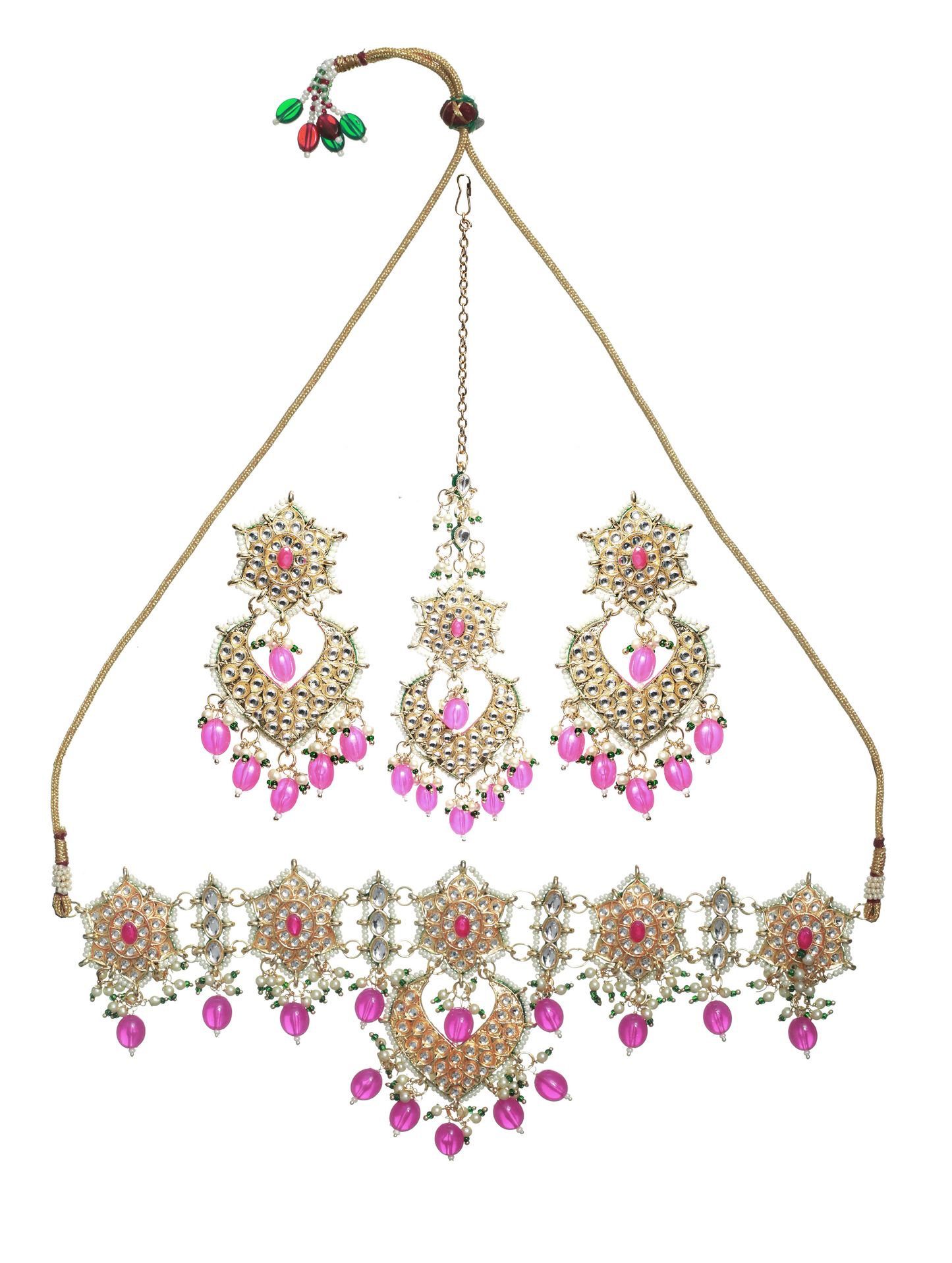 Pink Gold-Plated Kundan-Studded Enamelled Beaded Jewellery Set - Jazzandsizzle