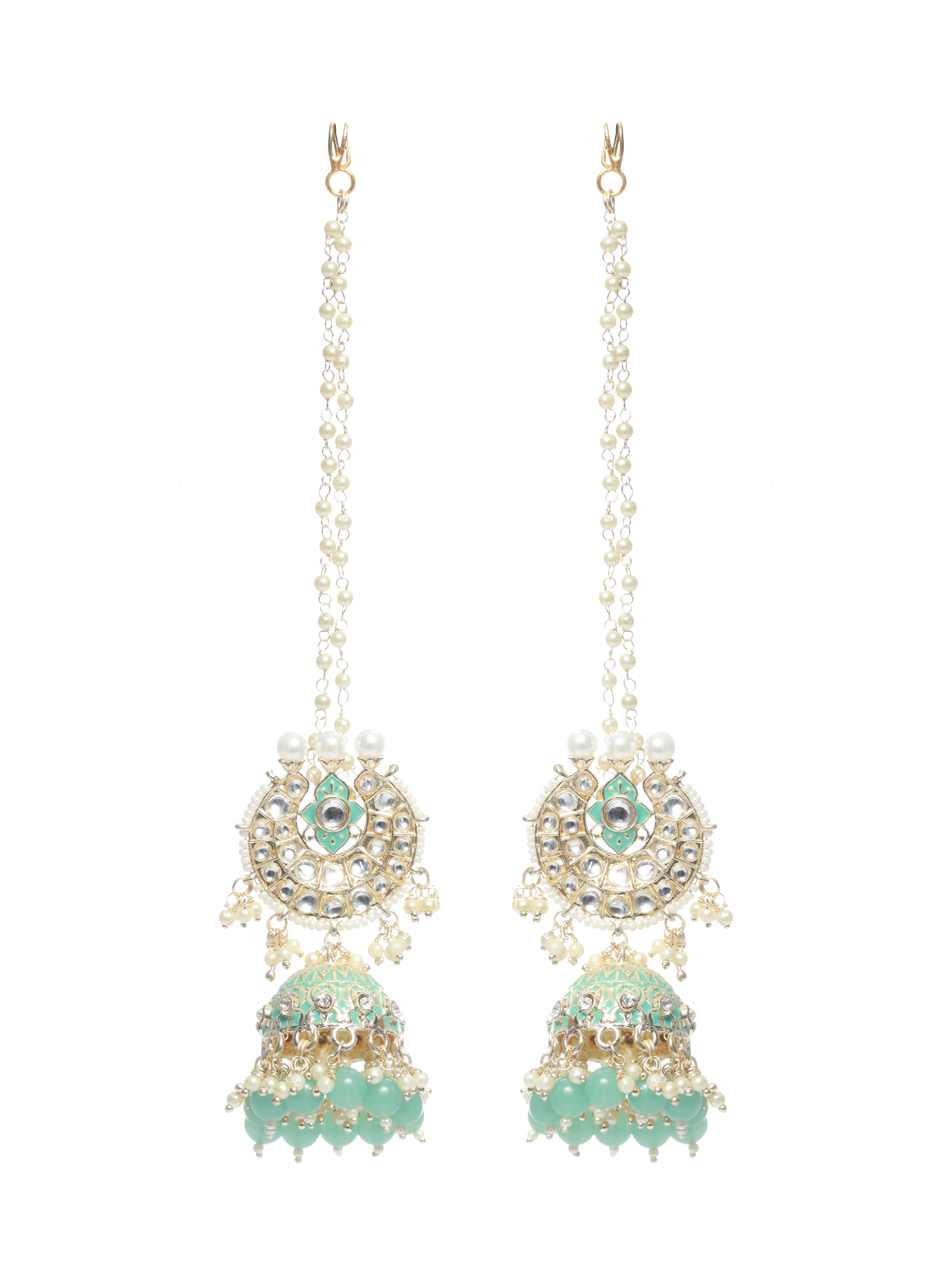Gold-Plated Sea Green & White Kundan Studded & Beaded Enamelled Handcrafted Jewellery Set - Jazzandsizzle