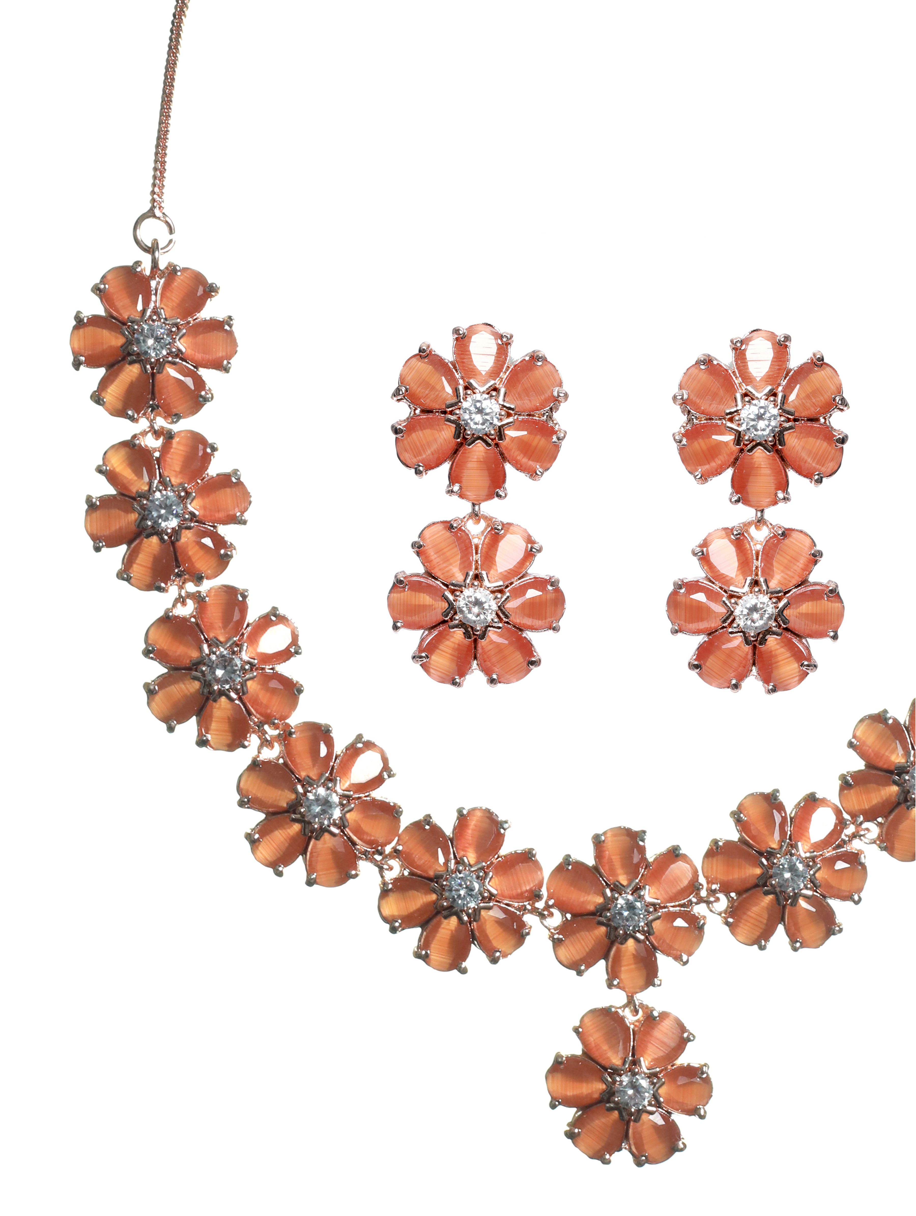 Rose Gold-Plated Peach American Diamond & CZ Stone-Studded Jewellery Set