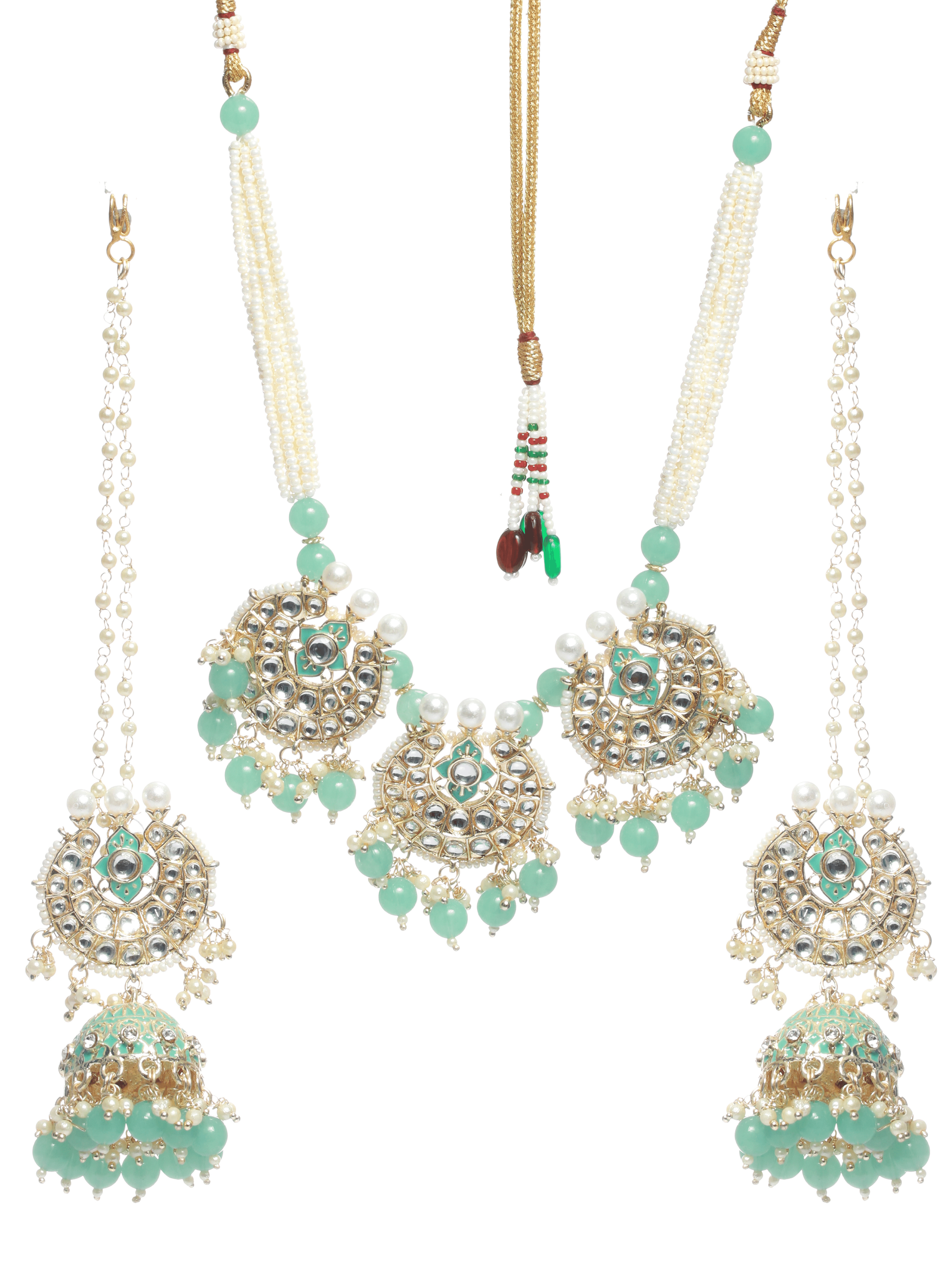 Gold-Plated Sea Green & White Kundan Studded & Beaded Enamelled Handcrafted Jewellery Set - Jazzandsizzle