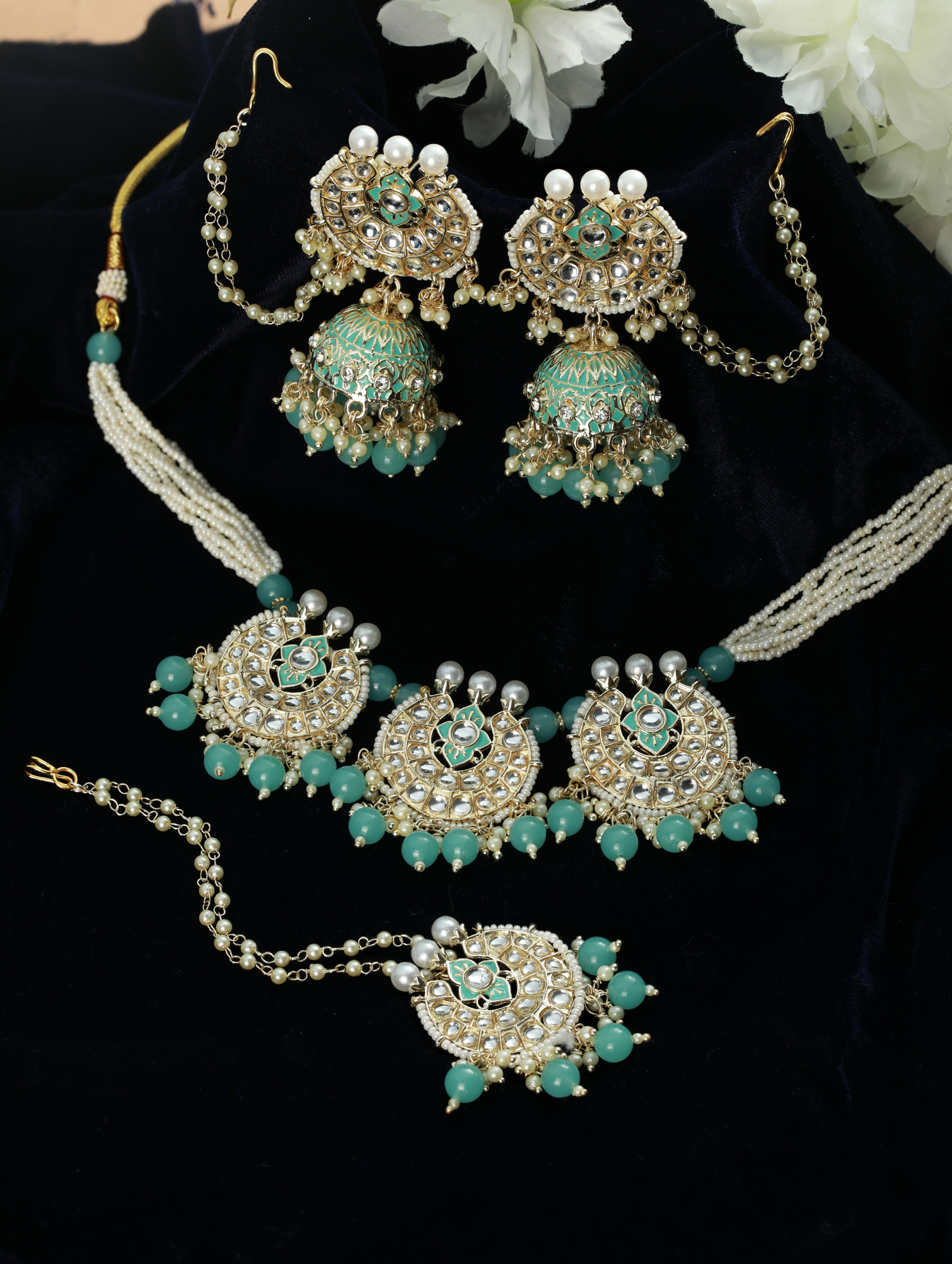 Gold-Plated Sea Green & White Kundan Studded & Beaded Enamelled Handcrafted Jewellery Set - Jazzandsizzle