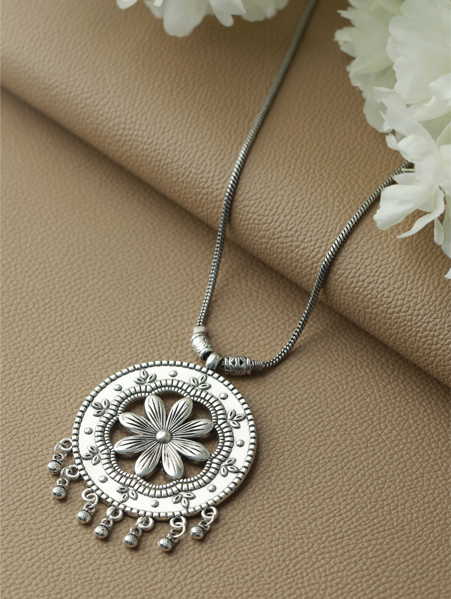 Oxidised Silver-Plated Floral Motif,Circular Shaped Pendant With Chain - Jazzandsizzle