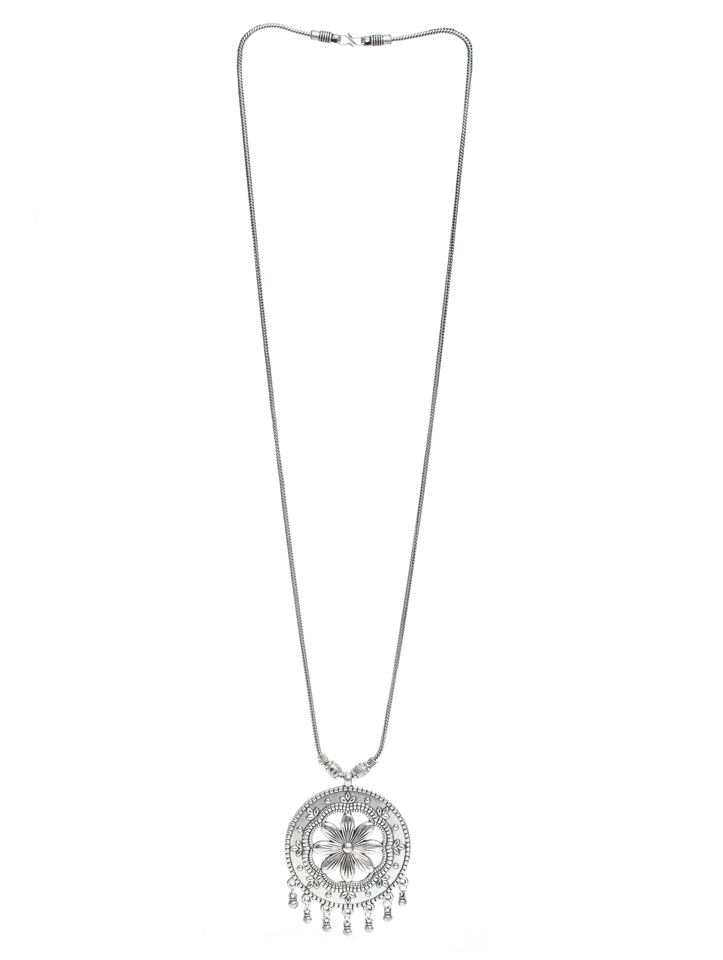 Oxidised Silver-Plated Floral Motif,Circular Shaped Pendant With Chain - Jazzandsizzle