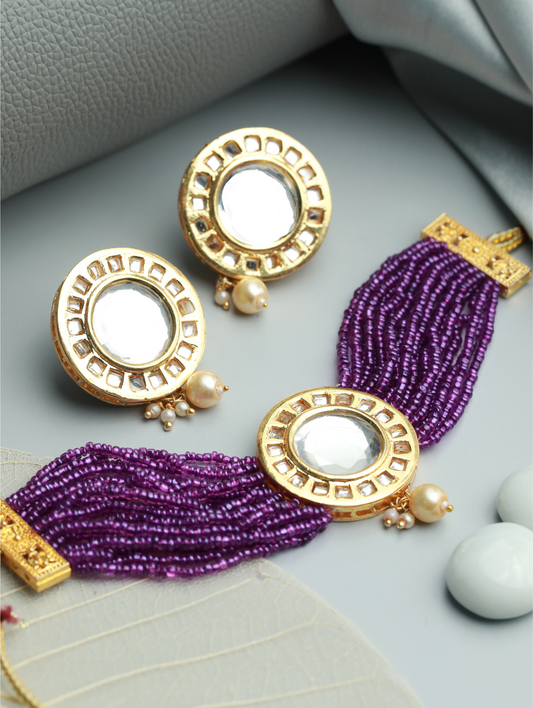 Gold Plated Round Kundan Studded & Purple Beaded Handcrafted Choker Jewellery Set - Jazzandsizzle