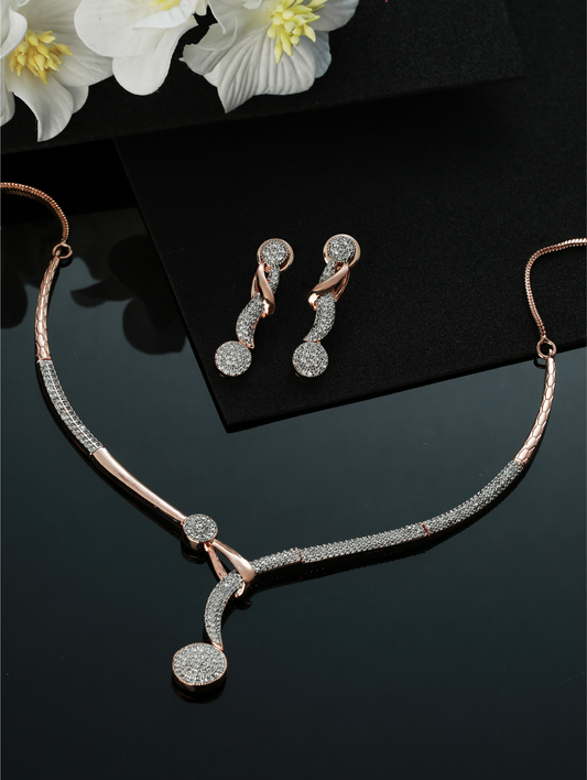 Rose Gold-Plated American Diamond & CZ Stone-Studded Jewellery Set - Jazzandsizzle