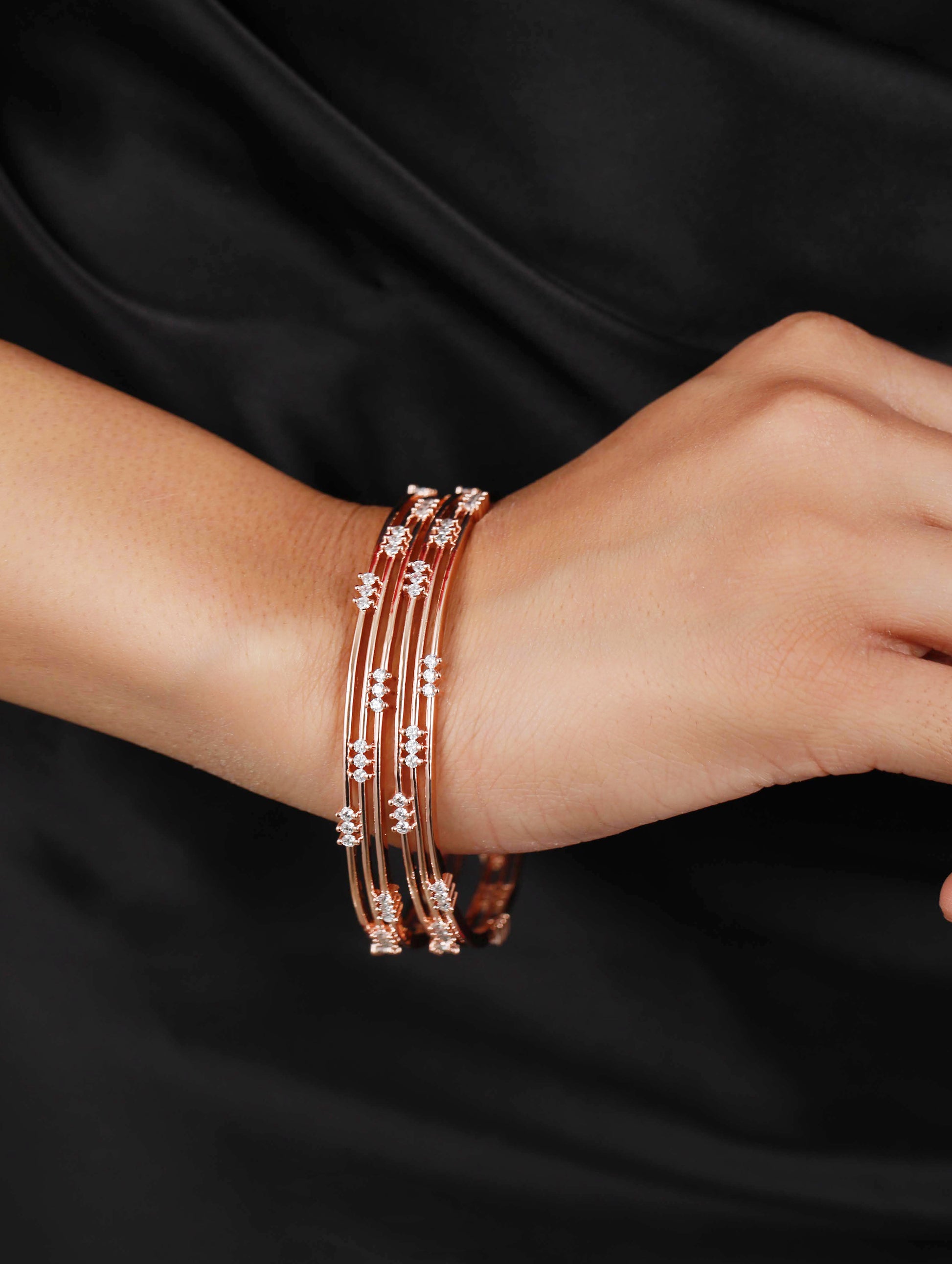 Set Of 2 Rose Gold-Plated & White American Diamond Studded Multilayer Bangles - Jazzandsizzle