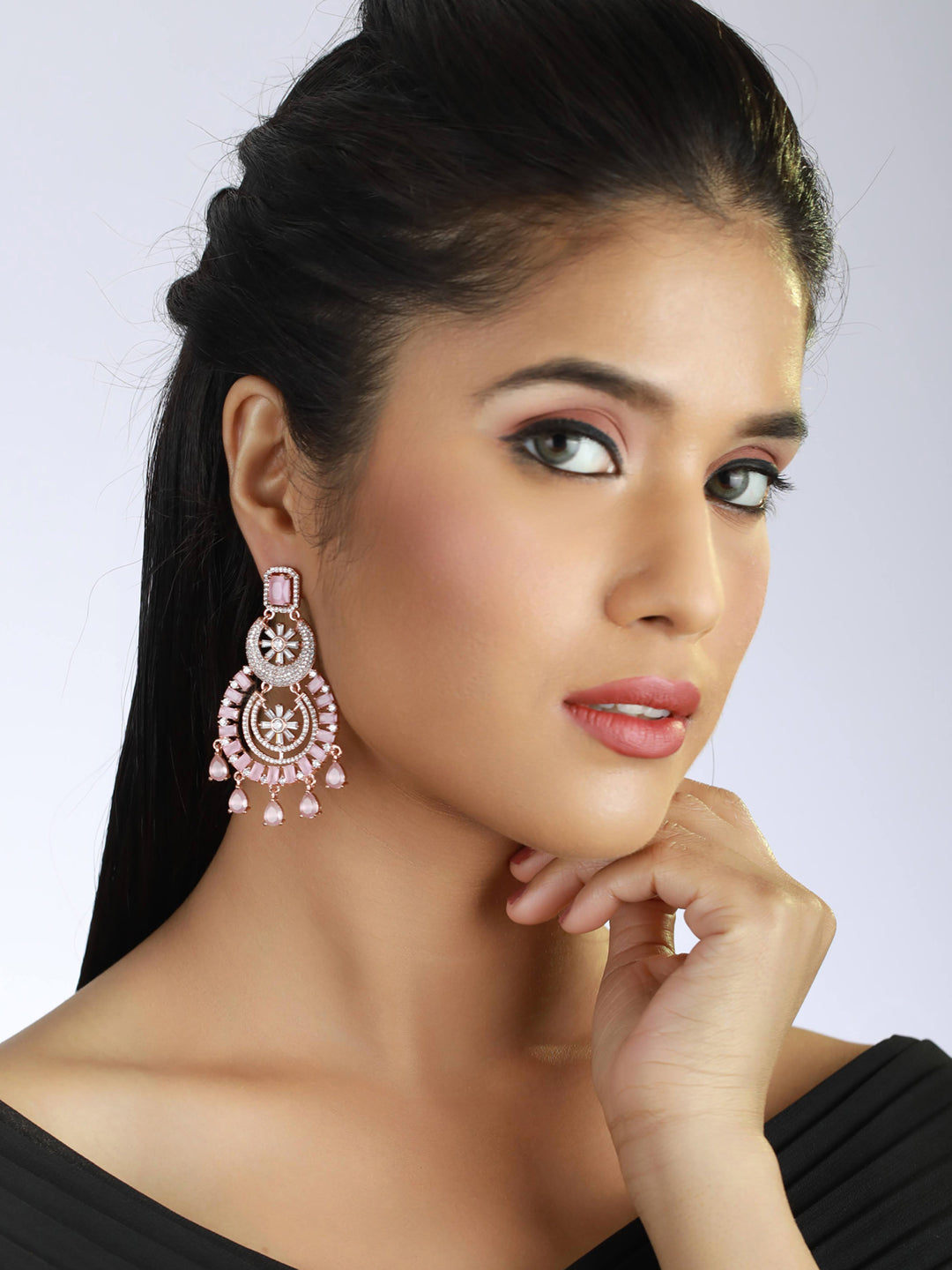 Rose Gold Plated & Pink American Diamond studded Chandbalis Earrings - Jazzandsizzle
