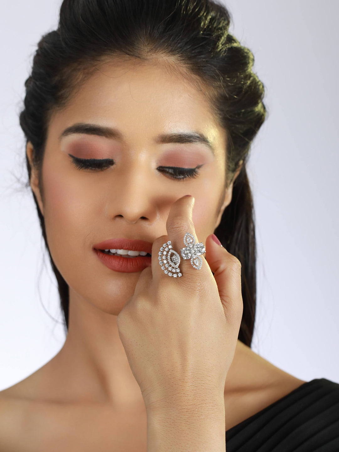 Silver Plated CZ studded Floral Shaped Adjustable Ring - Jazzandsizzle