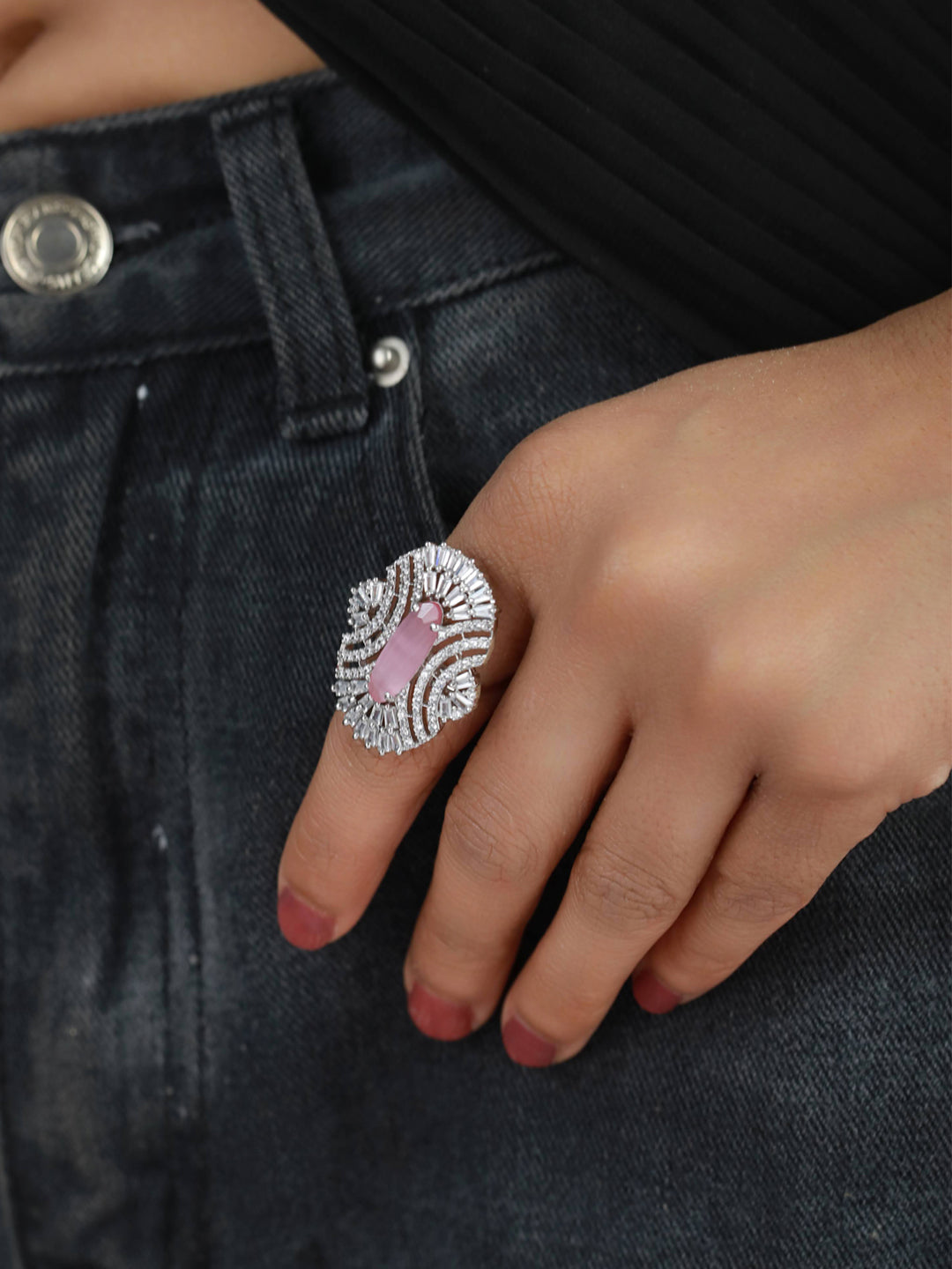 Pink American Diamond studded,Silver-Plated CZ Studded Adjustable Finger Ring - Jazzandsizzle