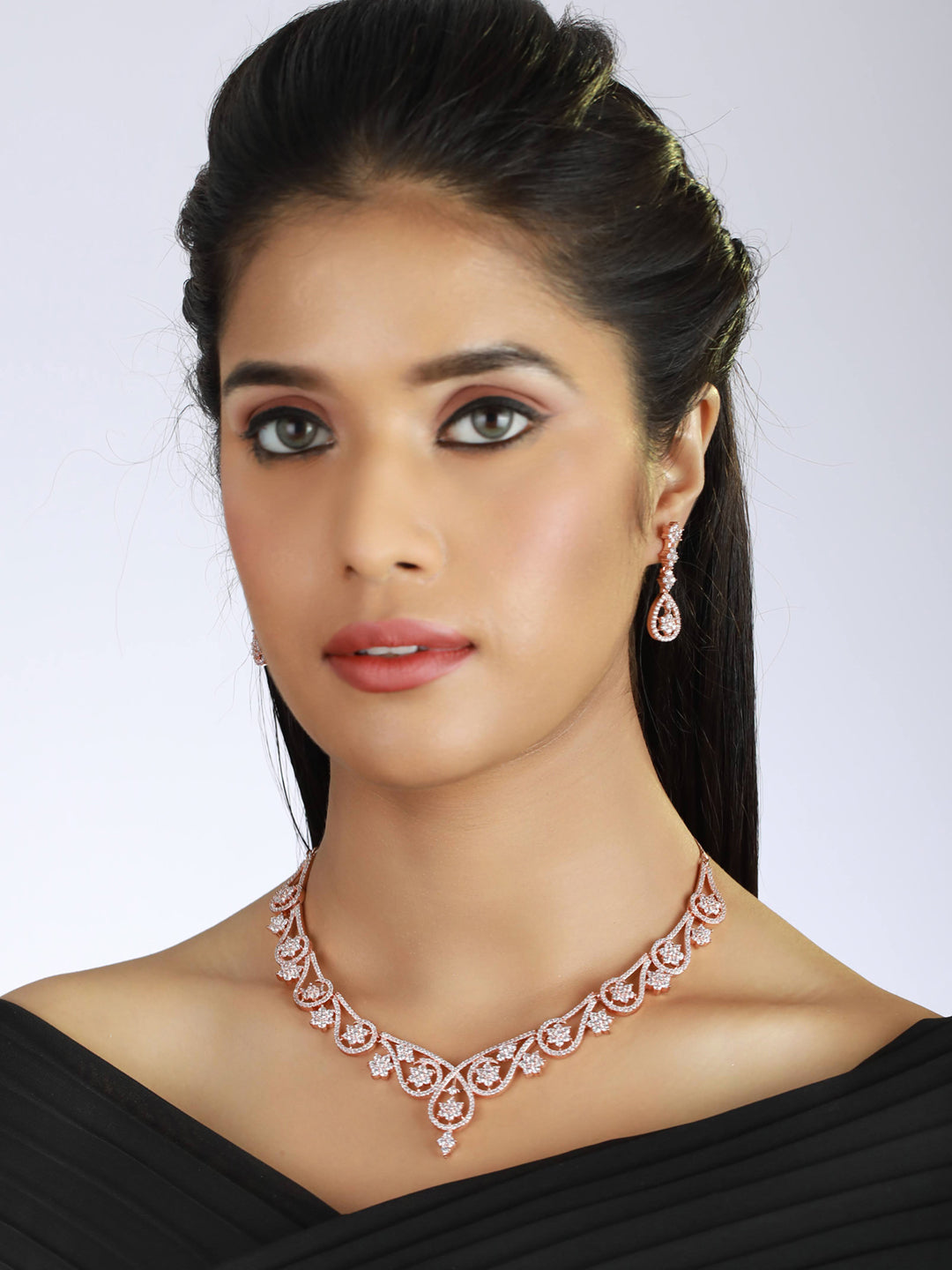 Rose Gold-Plated White American Diamond & CZ Studded Handcrafted Jewellery Set - Jazzandsizzle