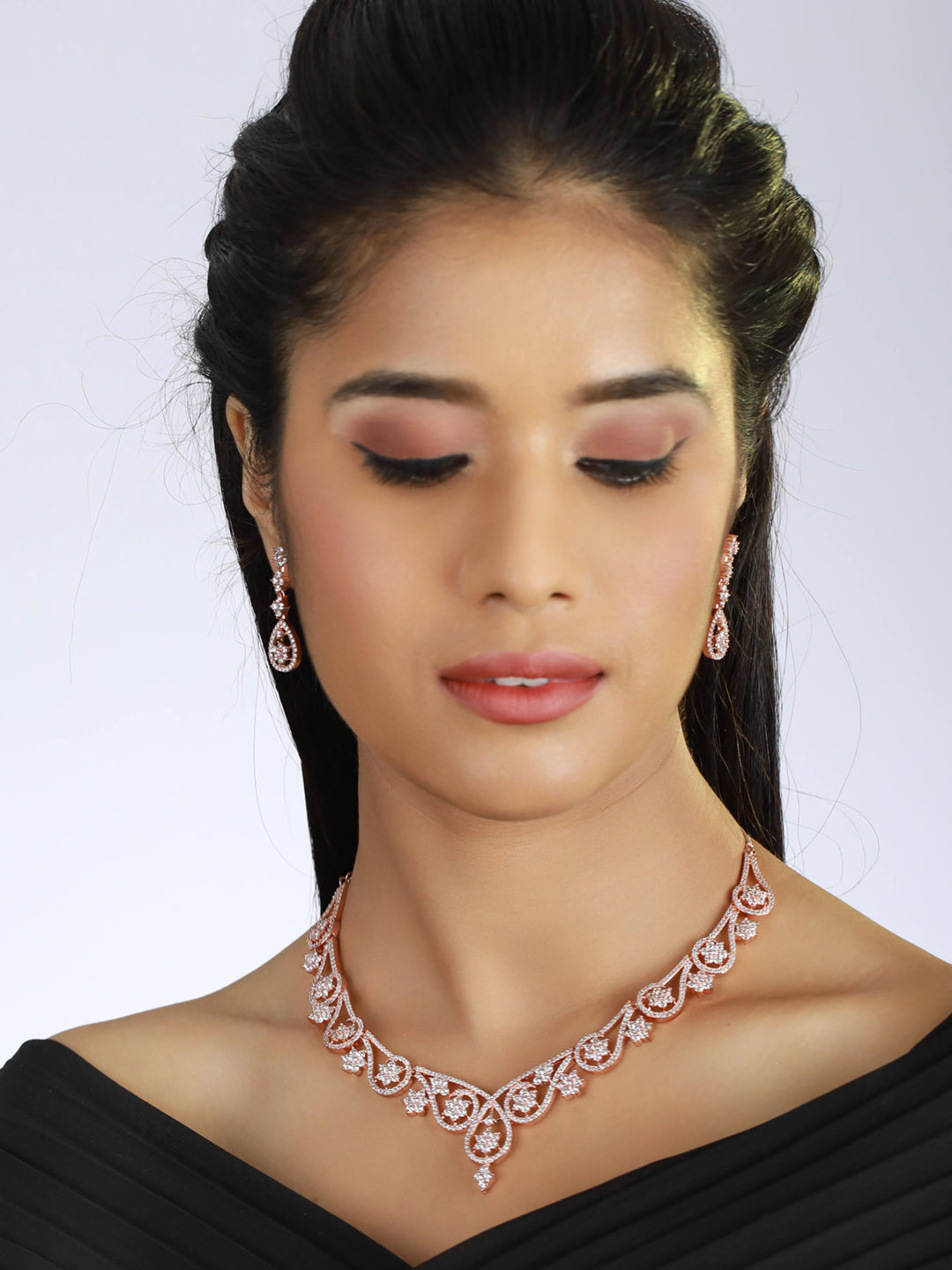 Rose Gold-Plated White American Diamond & CZ Studded Handcrafted Jewellery Set - Jazzandsizzle