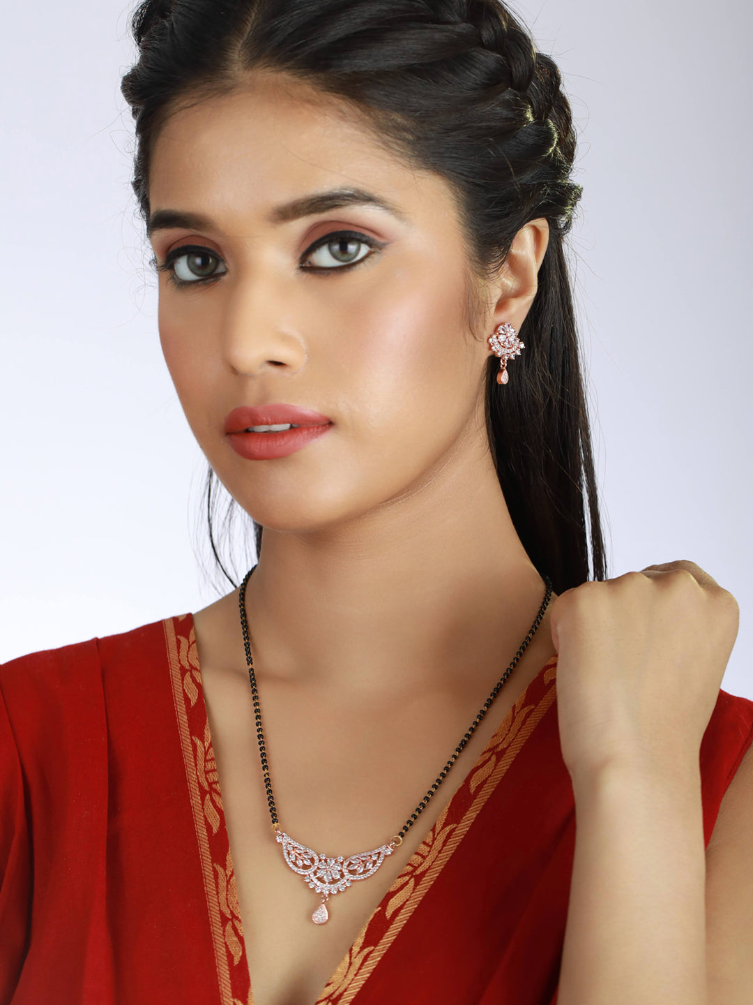 Rose Gold-Plated Black Beaded & White AD Stone-Studded Mangalsutra With Earrings - Jazzandsizzle