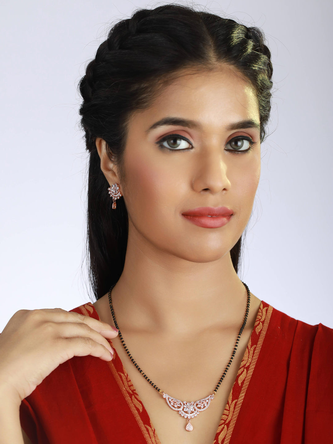 Rose Gold-Plated Black Beaded & White AD Stone-Studded Mangalsutra With Earrings - Jazzandsizzle