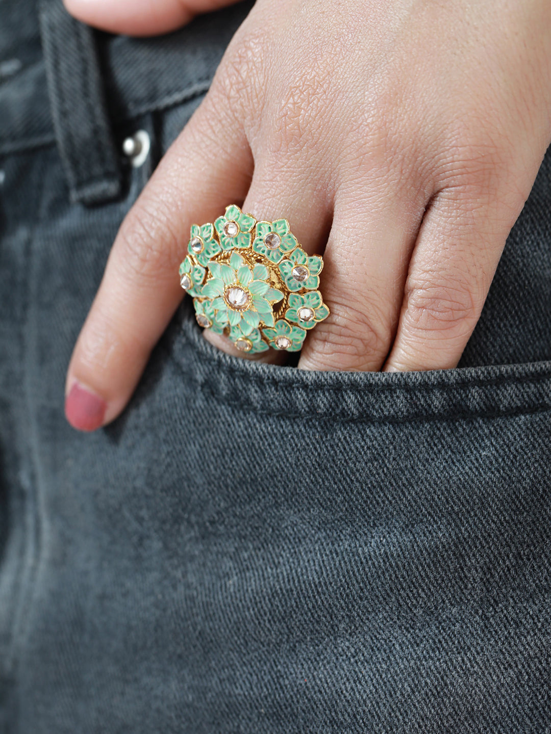 Gold-Plated Turquoise Blue & White AD-Studded Handcrafted Adjustable Finger Ring - Jazzandsizzle