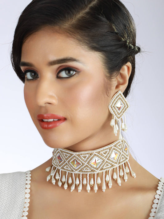 Gold & White Pearl-Studded & Beaded Tasselled Handcrafted Choker Necklace Set - Jazzandsizzle