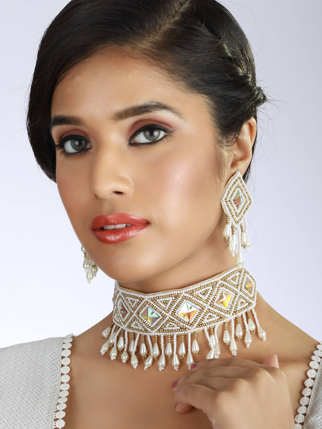 Gold & White Pearl-Studded & Beaded Tasselled Handcrafted Choker Necklace Set - Jazzandsizzle