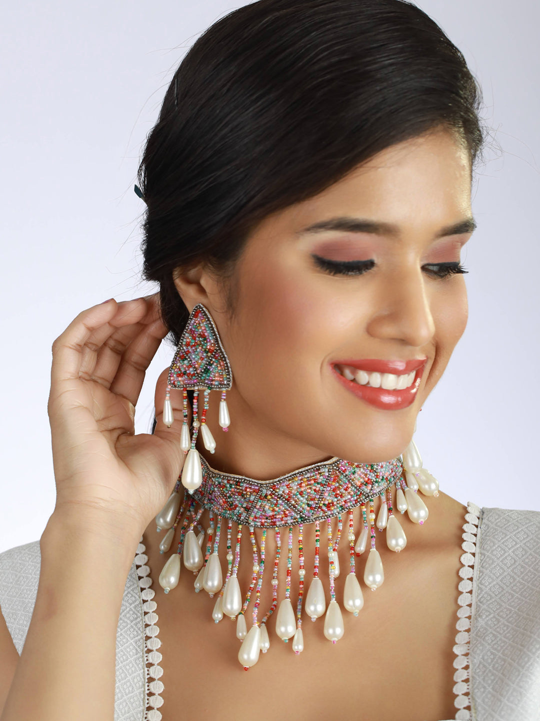 multicolor Pearl-Studded & Beaded Tasselled Choker Handcrafted Jewellery Set - Jazzandsizzle