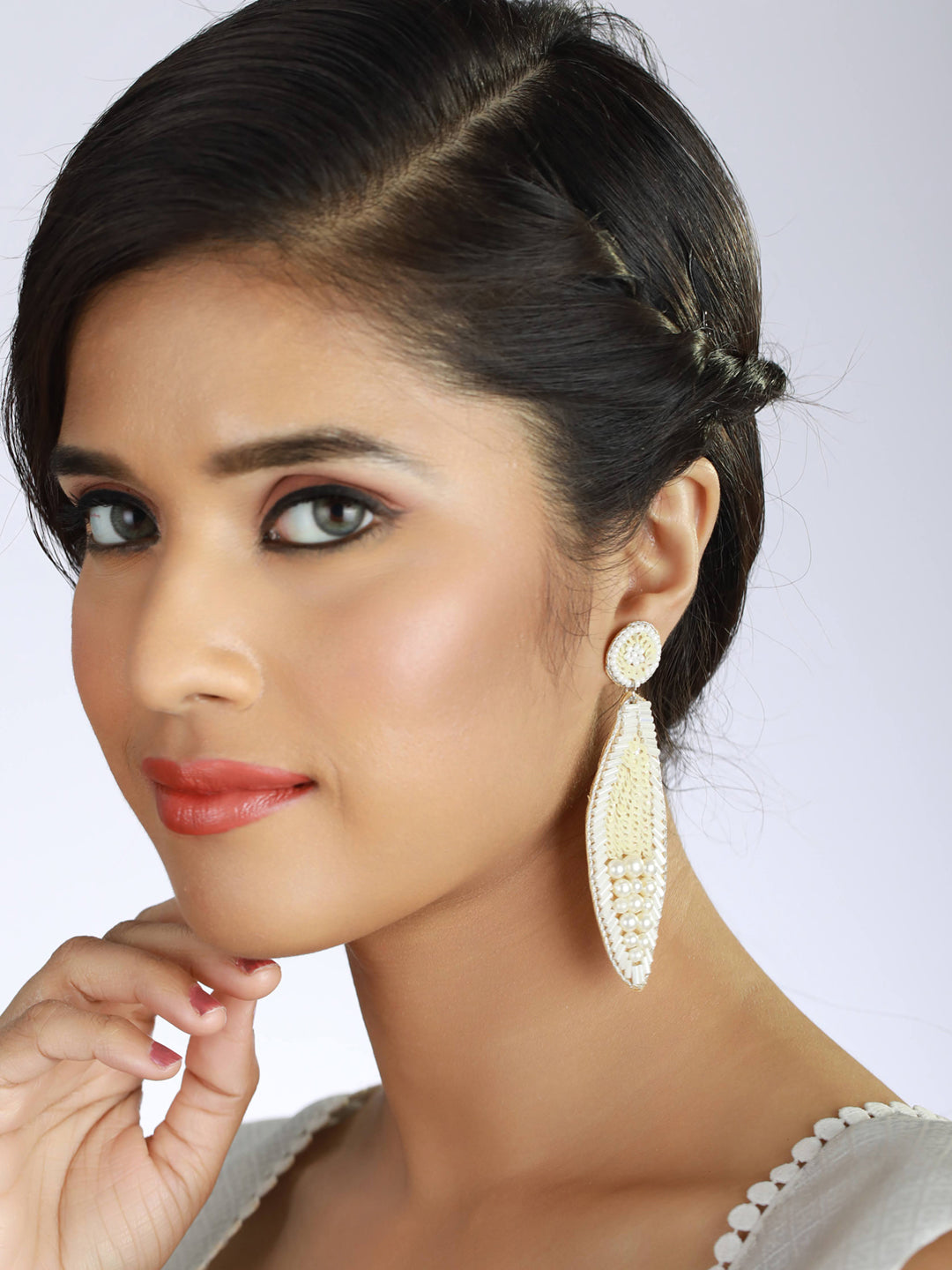 White & Gold-Toned Teardrop Handcrafted Beaded & Pearl Work Drop Earrings - Jazzandsizzle