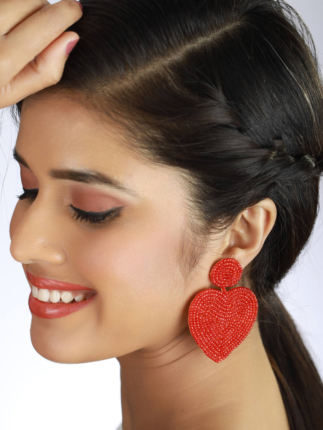 Handwoven Beads & Red Heart Shaped Contemporary Design Handcrafted Drop Earrings - Jazzandsizzle