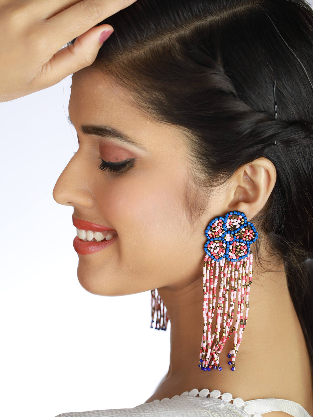 Gold-Plated & Multicolored Tasseled Contemporary Drop Earrings