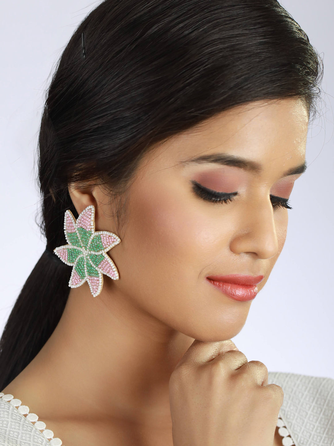 Woman Pink & Green Star Shaped Embroidered Stud Earrings - Jazzandsizzle