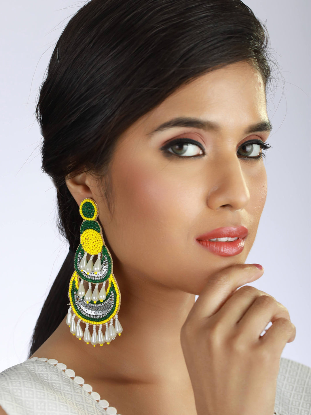 Yellow Green Beads & Pearls Studded Contemporary Handcrafted Chandbali Earrings - Jazzandsizzle