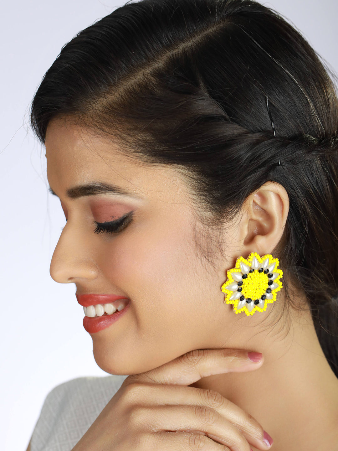 Gold-Plated Handcrafted Yellow & Black Stud Earrings - Jazzandsizzle