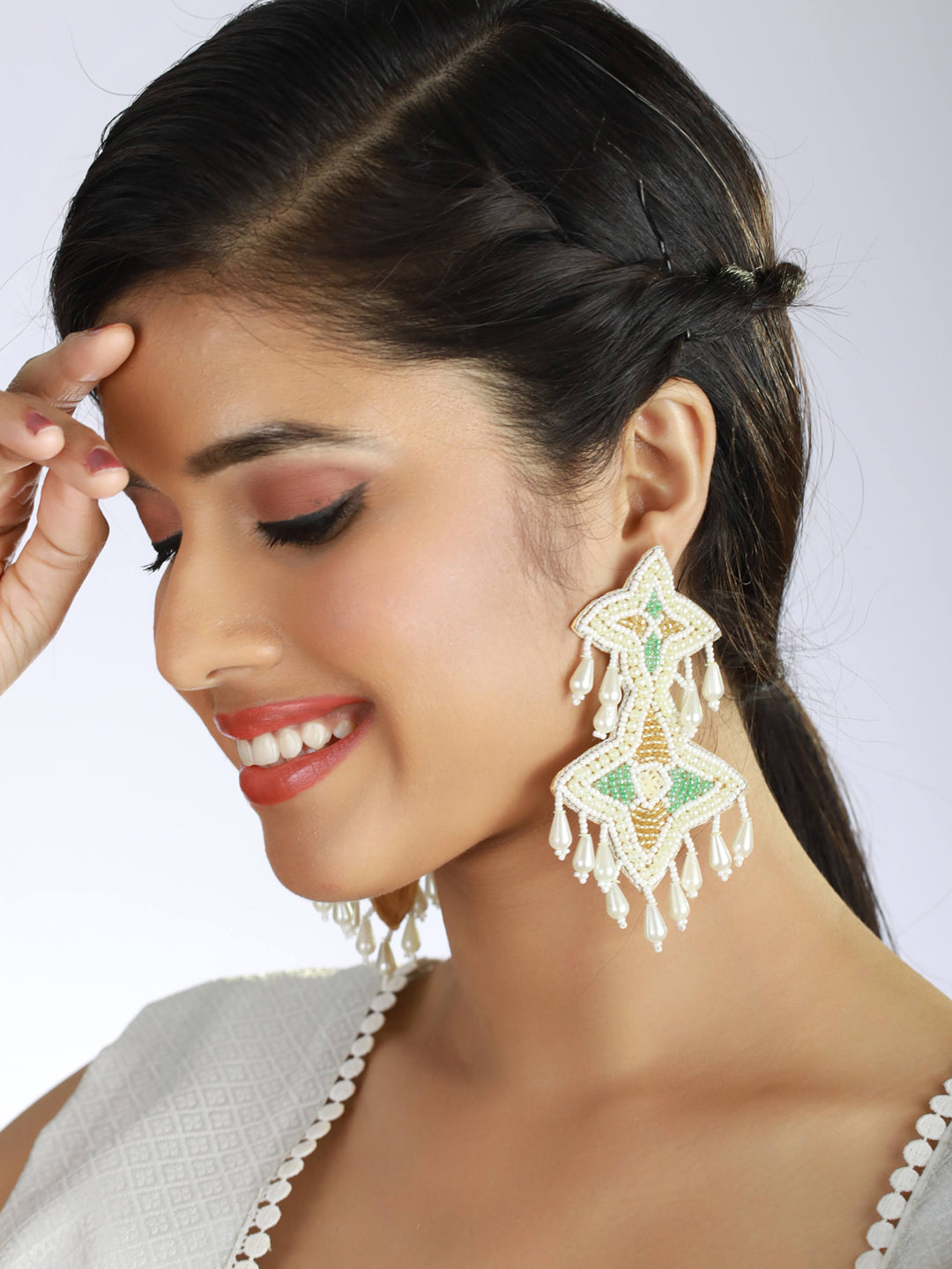 White Handwoven Beads & Green & Gold Studded Handcrafted Contemporary Drop Earrings - Jazzandsizzle
