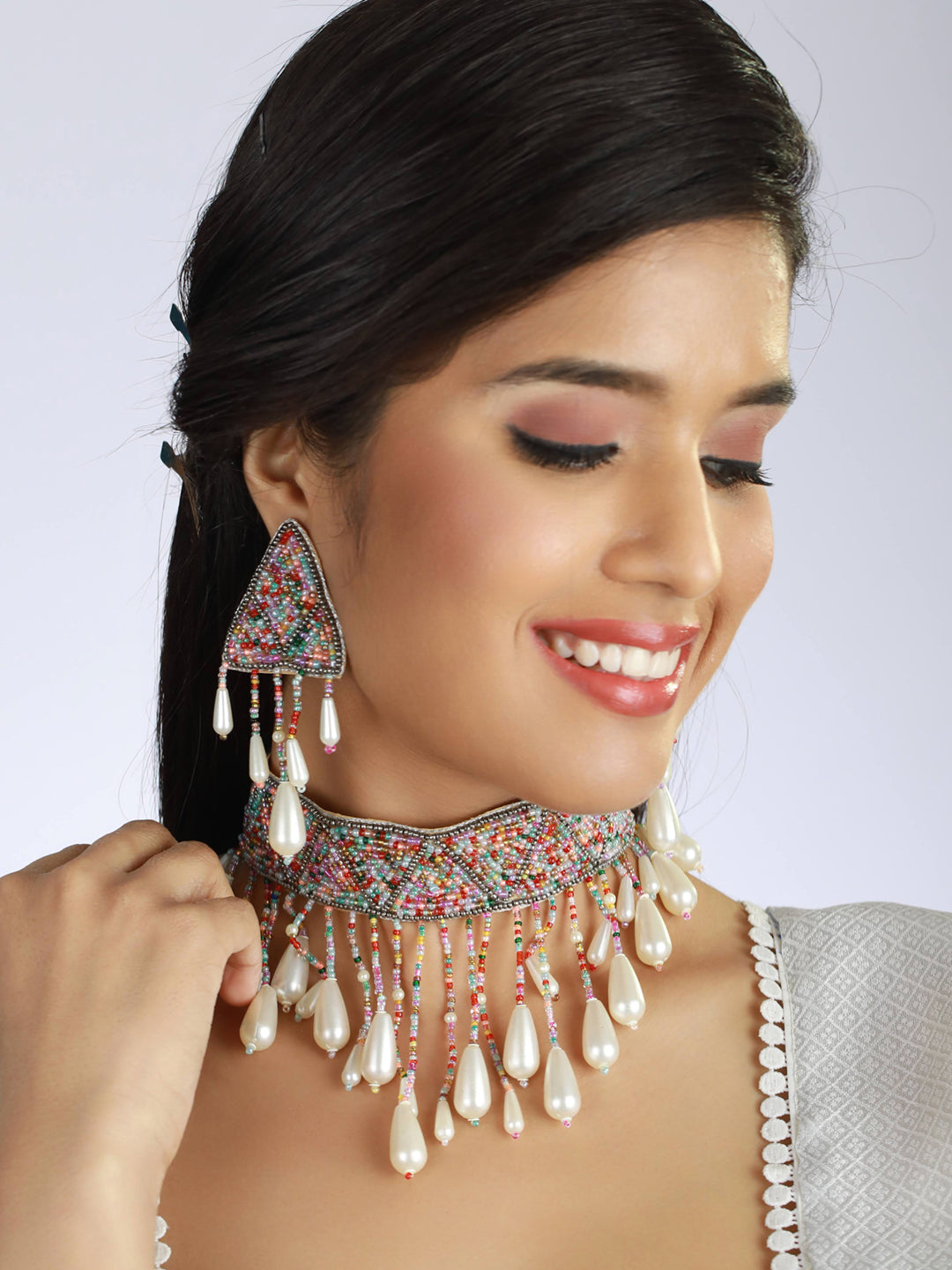 multicolor Pearl-Studded & Beaded Tasselled Choker Handcrafted Jewellery Set - Jazzandsizzle