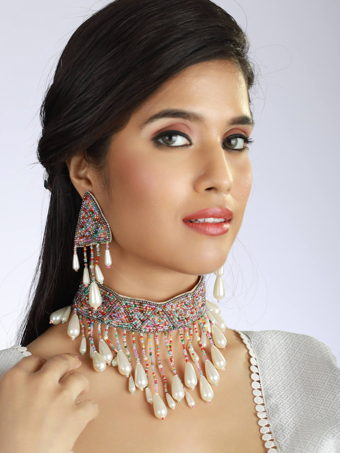 multicolor Pearl-Studded & Beaded Tasselled Choker Handcrafted Jewellery Set - Jazzandsizzle