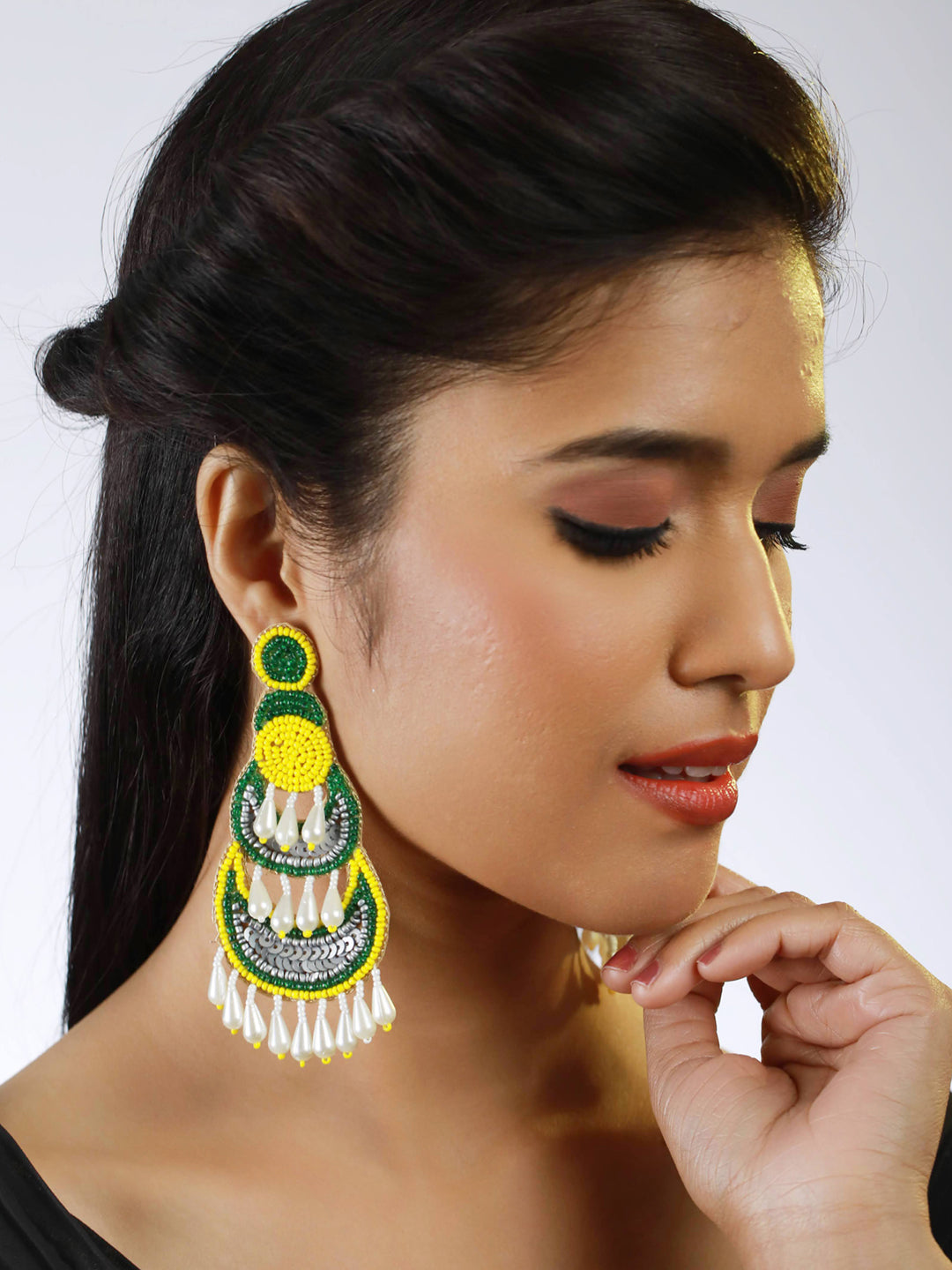 Yellow Green Beads & Pearls Studded Contemporary Handcrafted Chandbali Earrings - Jazzandsizzle