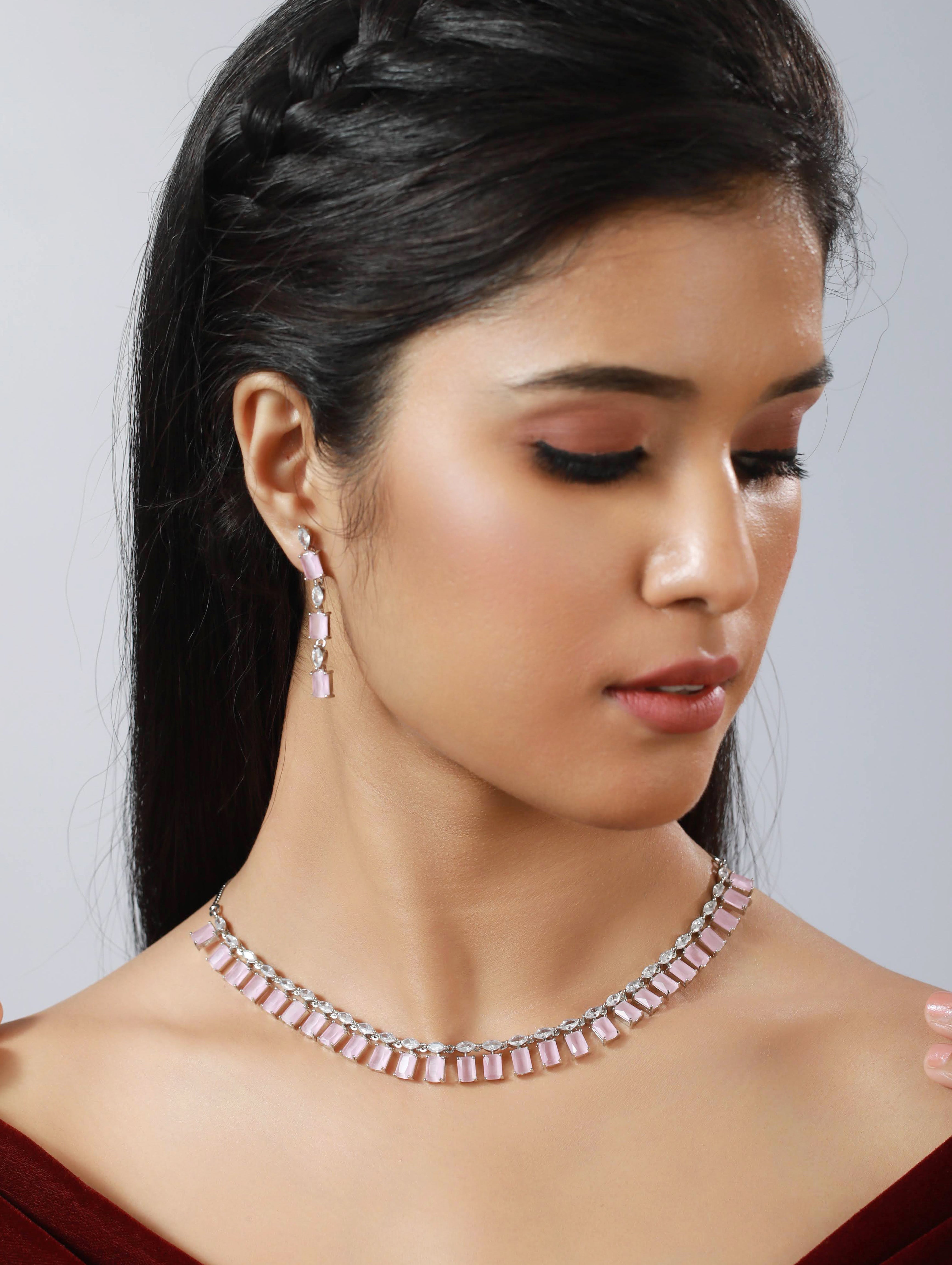 Silver-Toned & Pink AD-Studded Handcrafted Jewellery Set