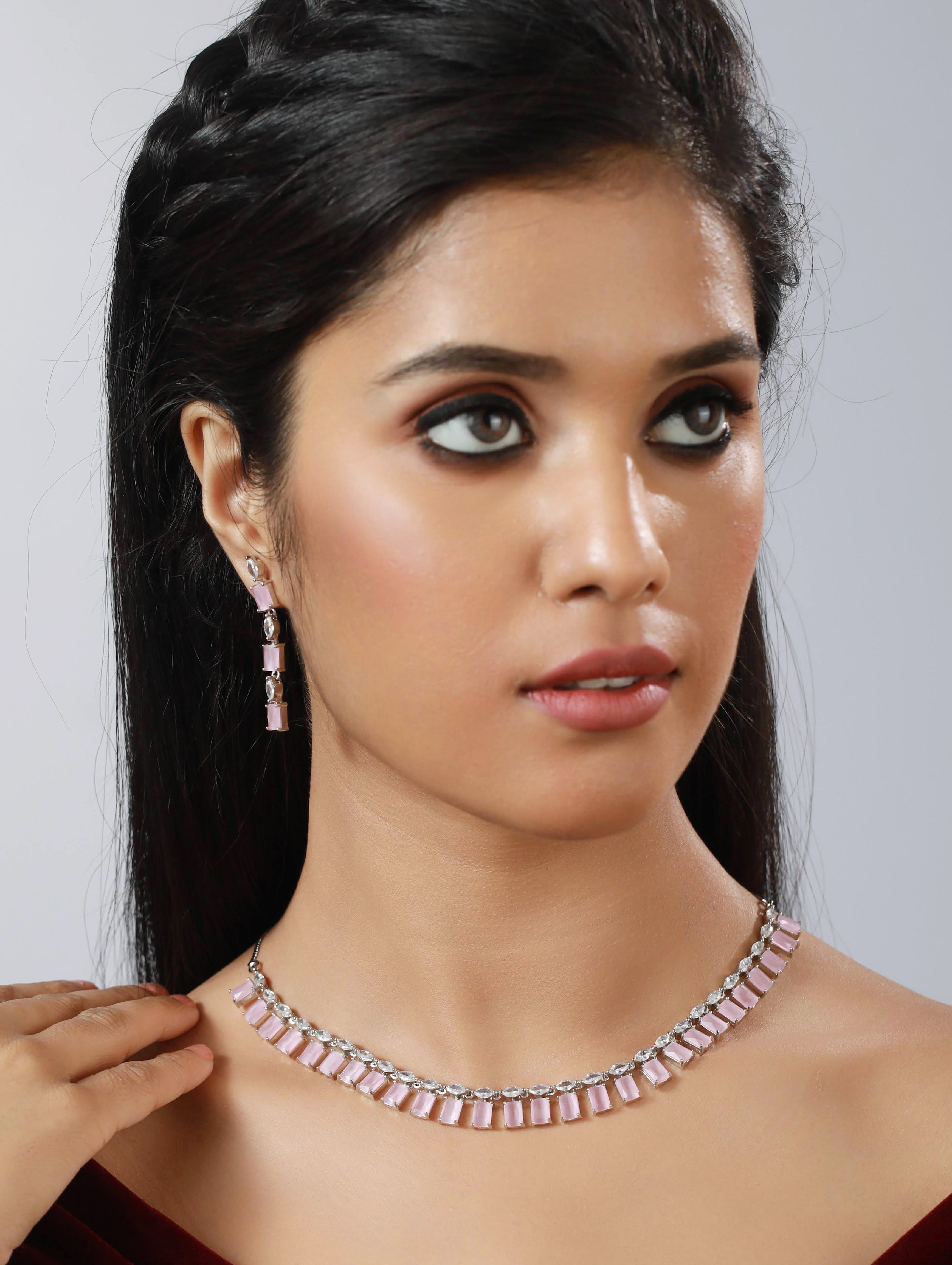 Silver-Toned & Pink AD-Studded Handcrafted Jewellery Set