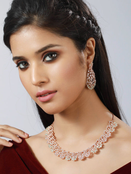 Rose Gold-Plated Mint Green & White AD-Studded Handcrafted Jewellery Set - Jazzandsizzle