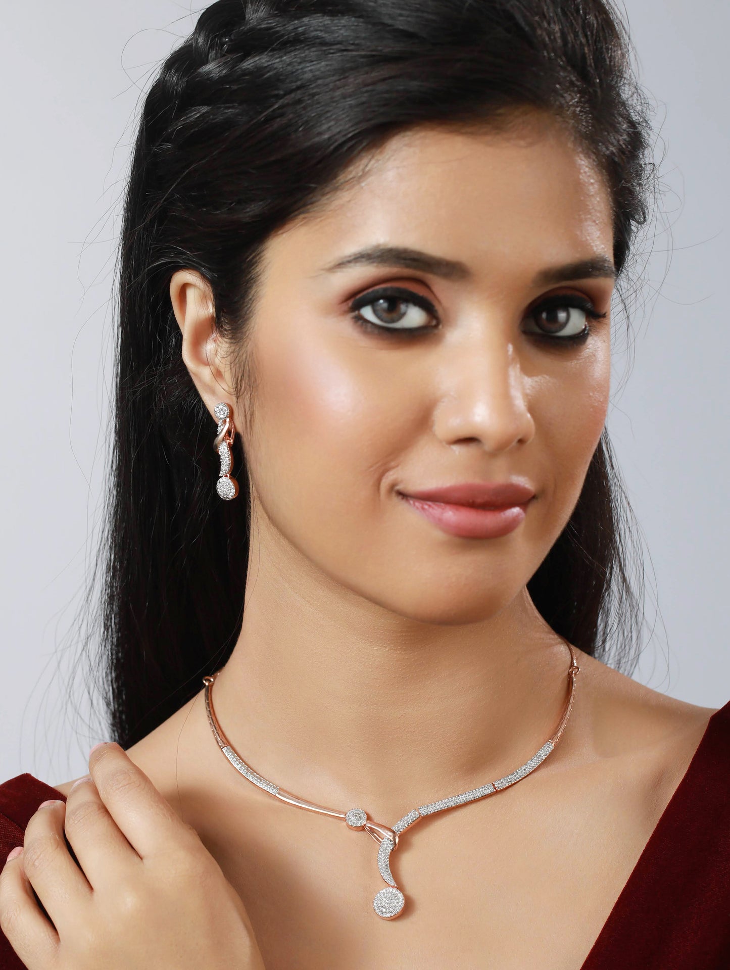 Rose Gold-Plated American Diamond & CZ Stone-Studded Jewellery Set - Jazzandsizzle