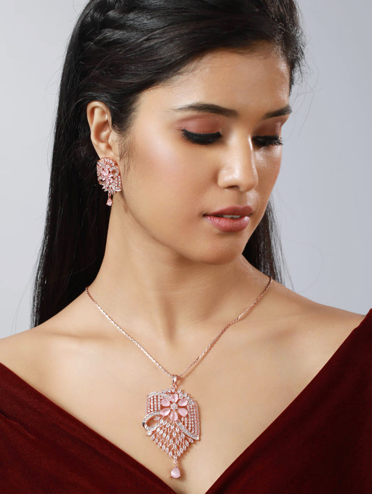 Rose Gold-Plated & Pink Stone Studded Pendant Jewellery Set - Jazzandsizzle