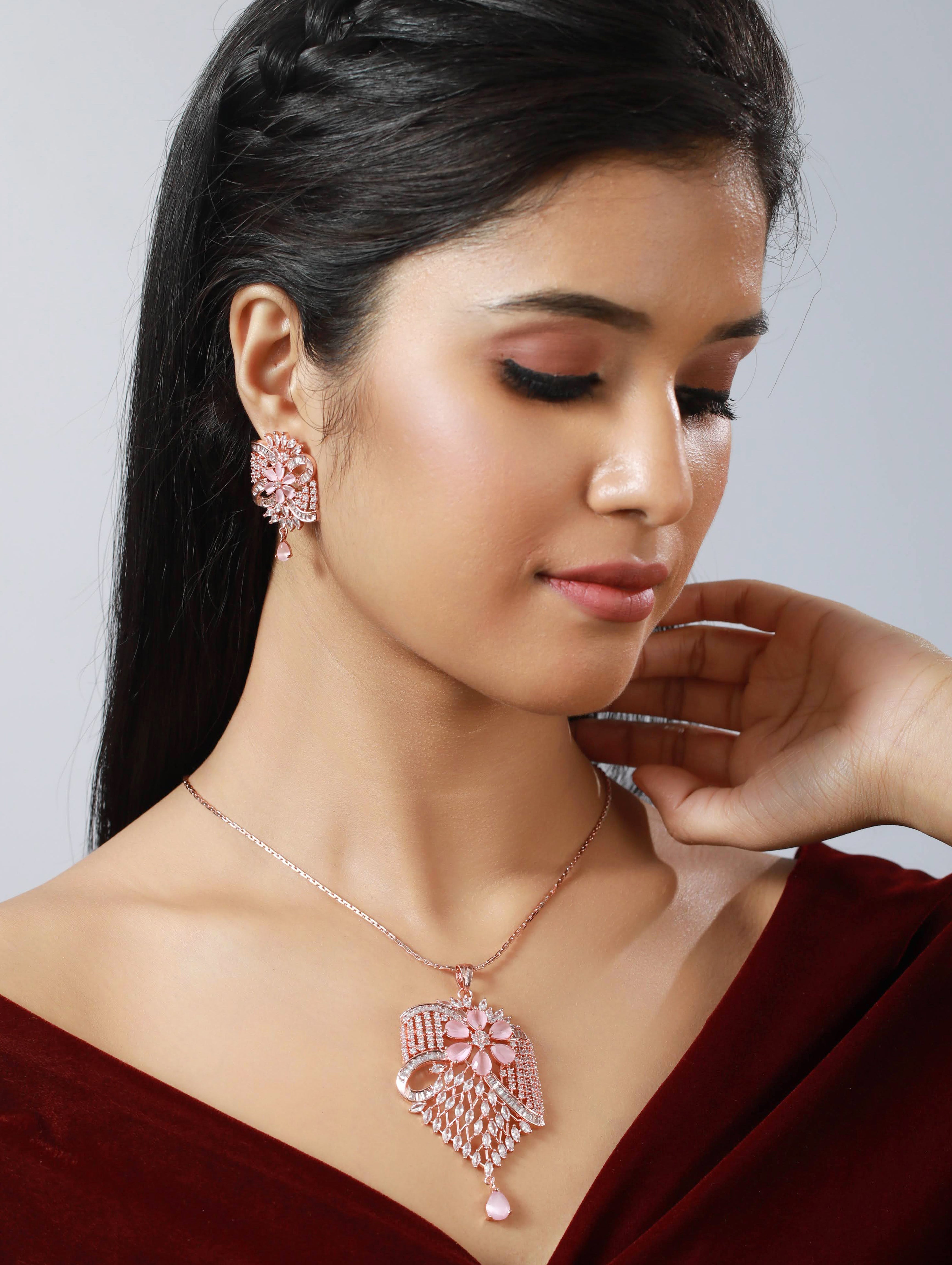 Rose Gold-Plated & Pink Stone Studded Pendant Jewellery Set