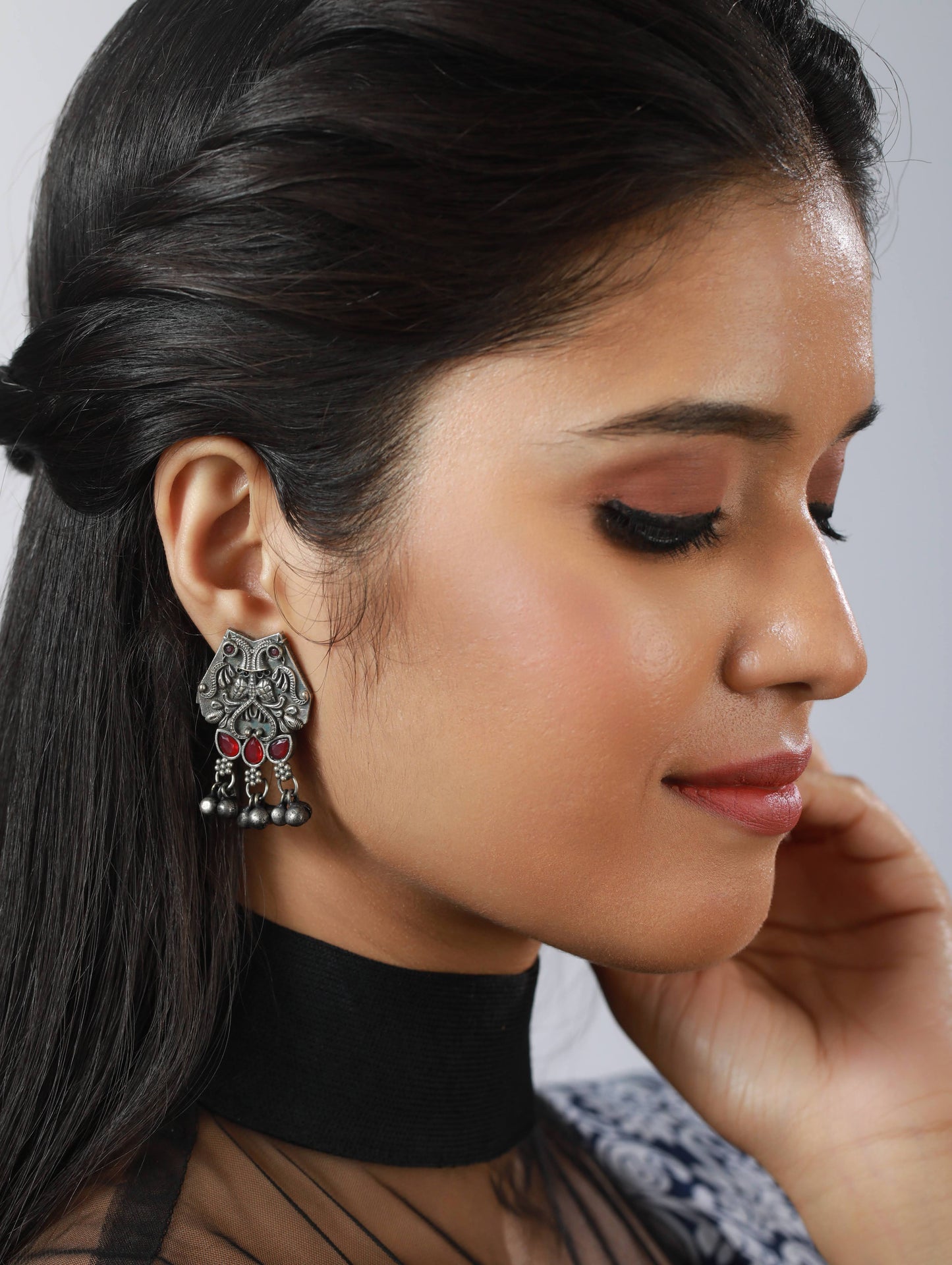 Oxidised Silver Toned ,Red stone studded Contemporary Owl Shaped Drop Earrings - Jazzandsizzle