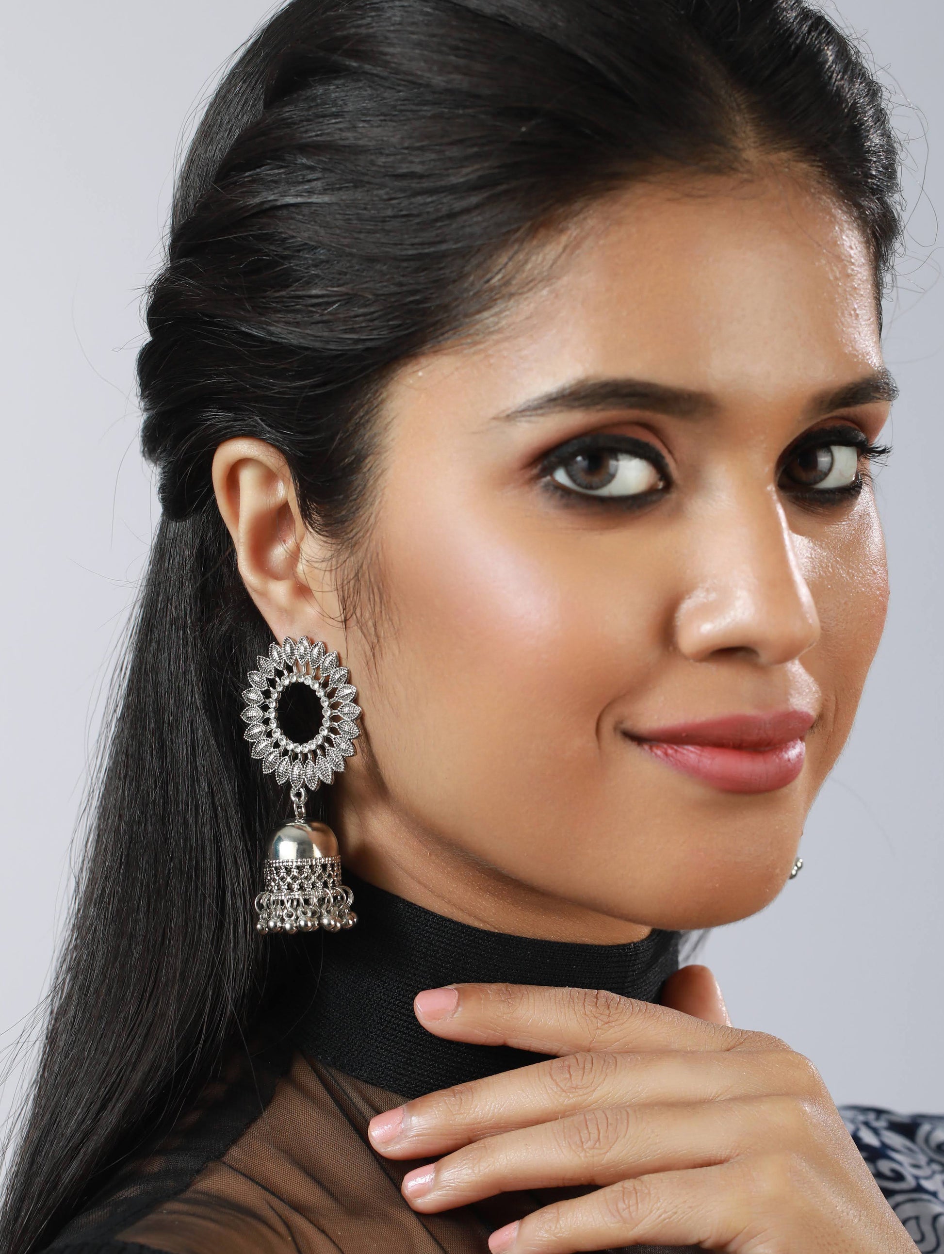 Silver-Plated & Silver Toned Dome Shaped Jhumka earrings - Jazzandsizzle