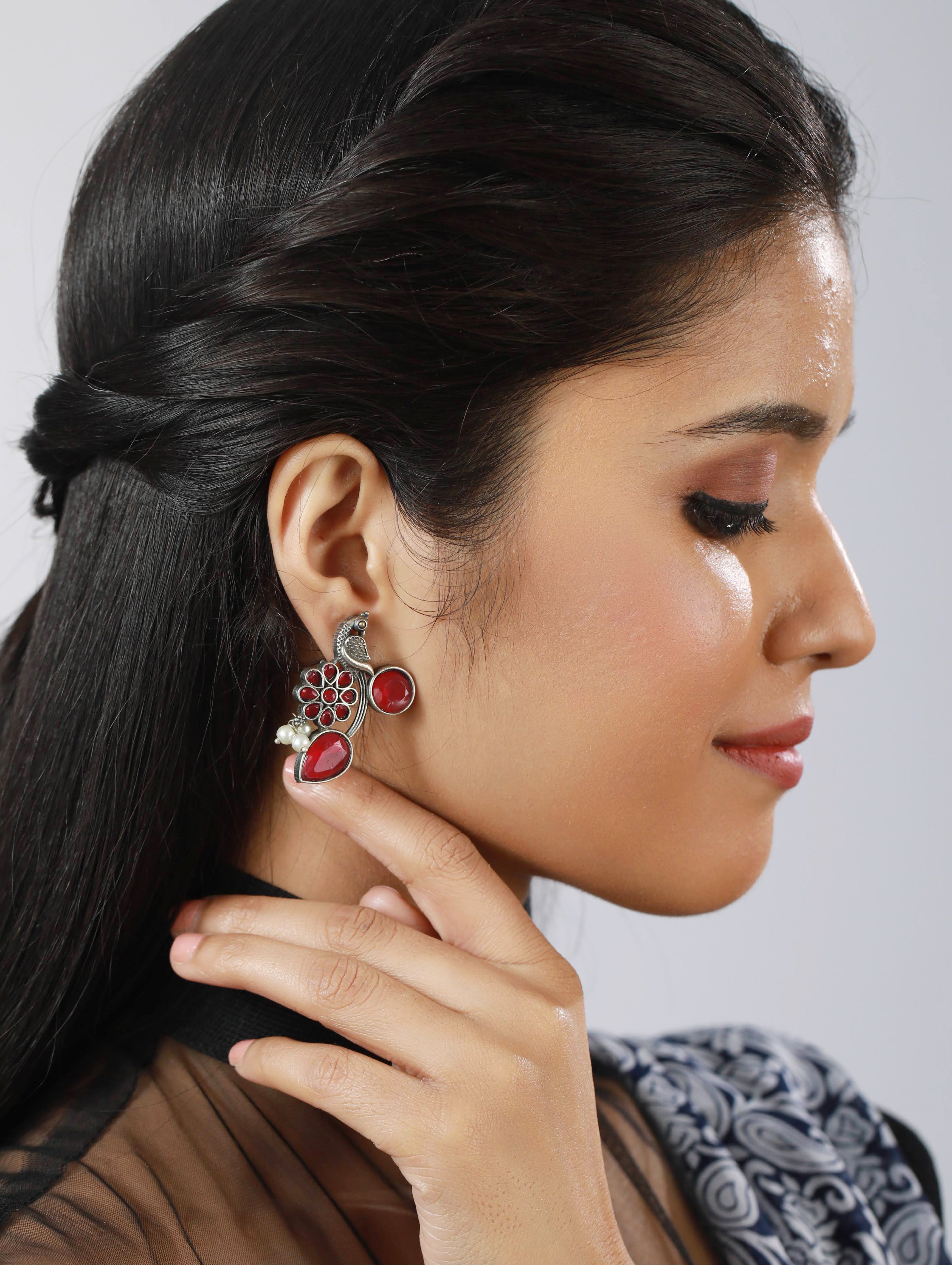 Silver Toned Oxidised-Pink stone studded Contemporary Peacock Shaped Drop Earrings