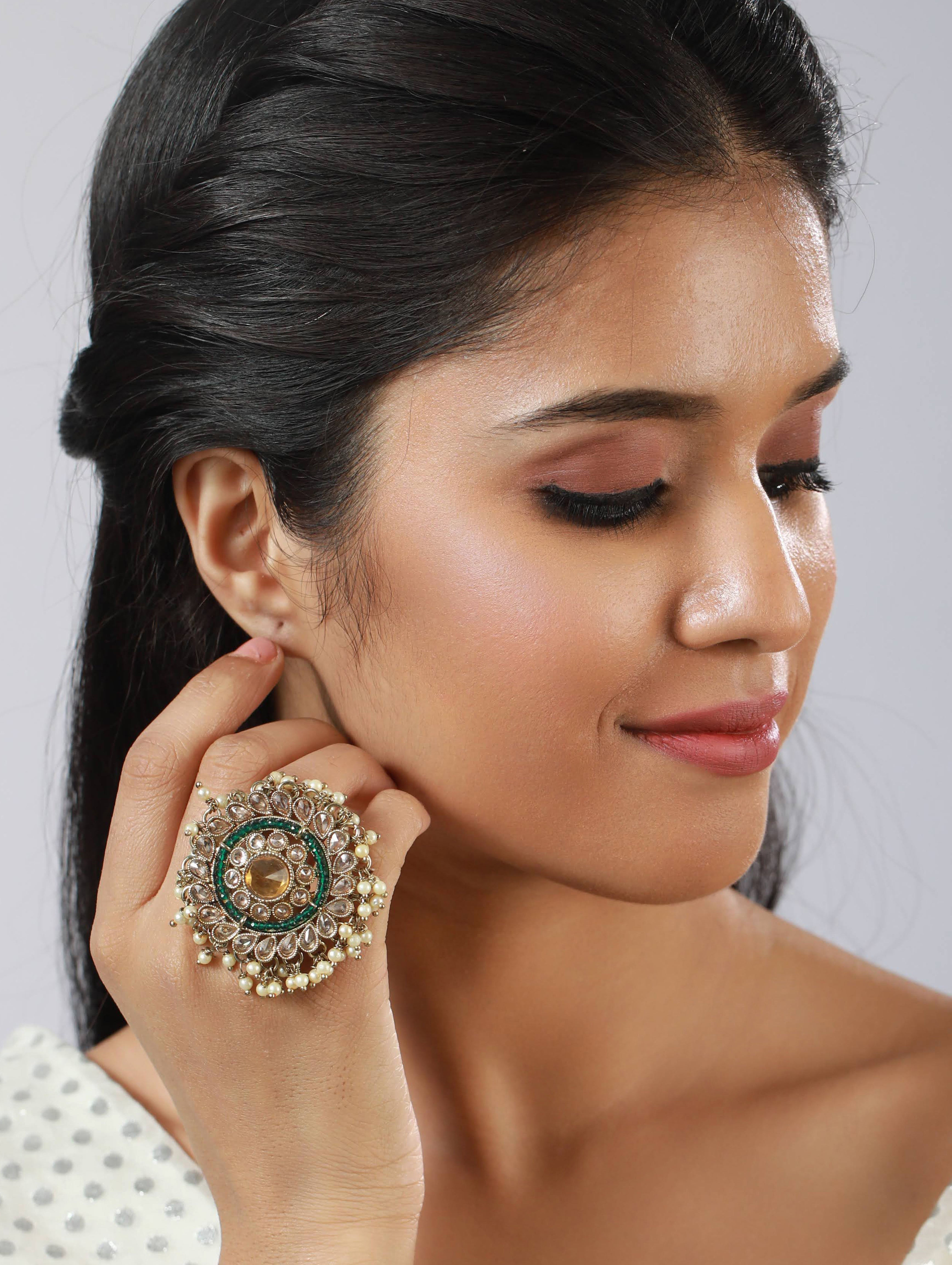 Gold-Plated Green & White Kundan-Studded & Beaded Adjustable Finger Ring - Jazzandsizzle