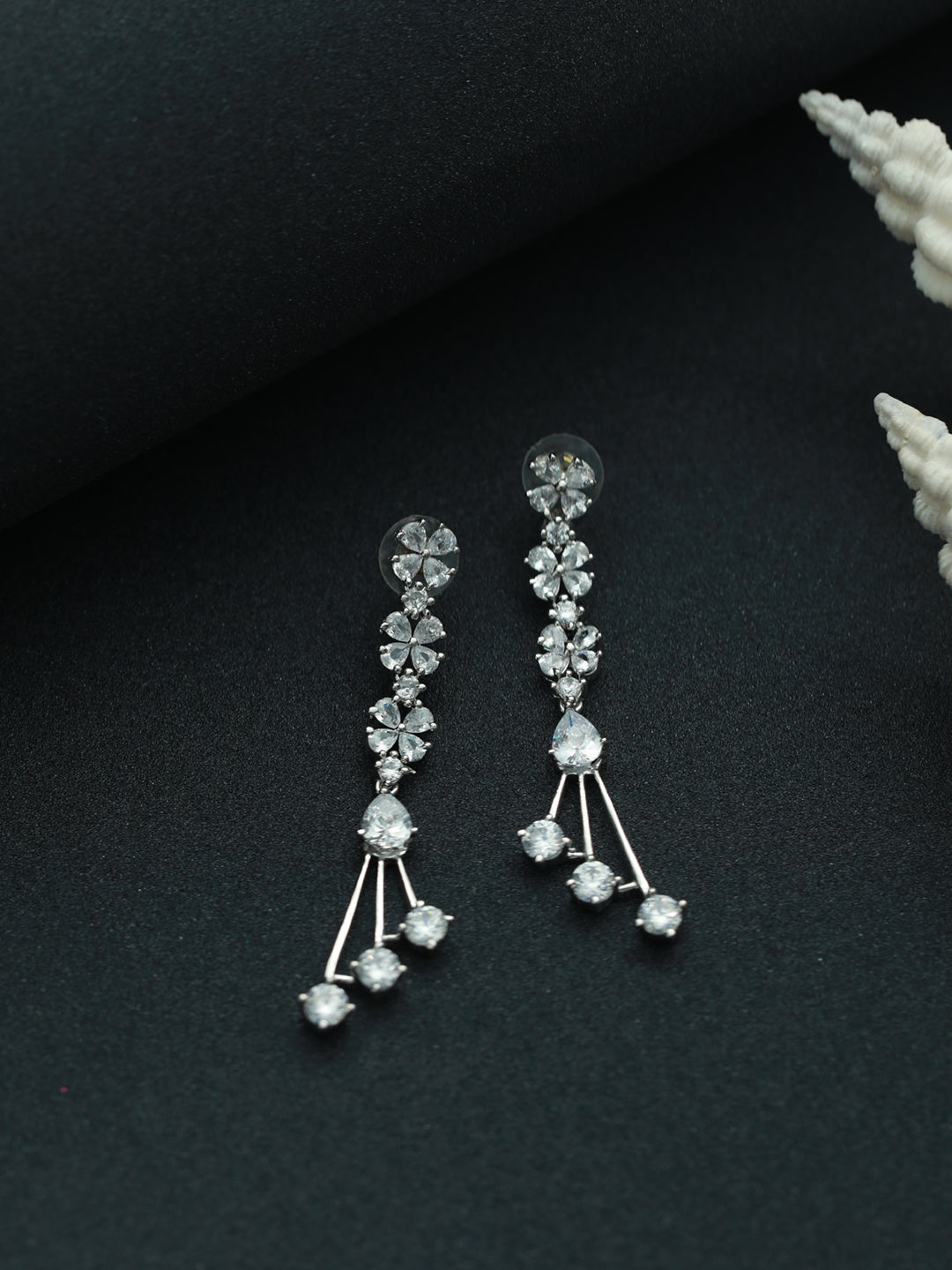 White & Silver Plated Classic AD Studded Drop Earrings - Jazzandsizzle