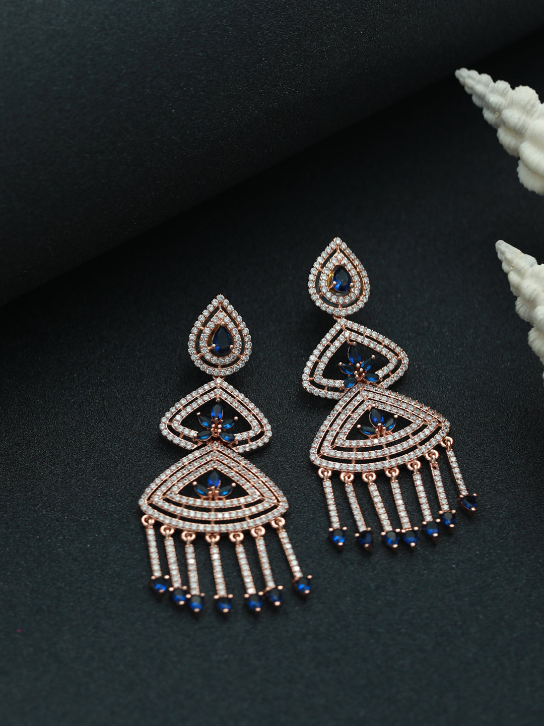 Rose Gold-Plated & Blue Contemporary Floral Drop Earrings